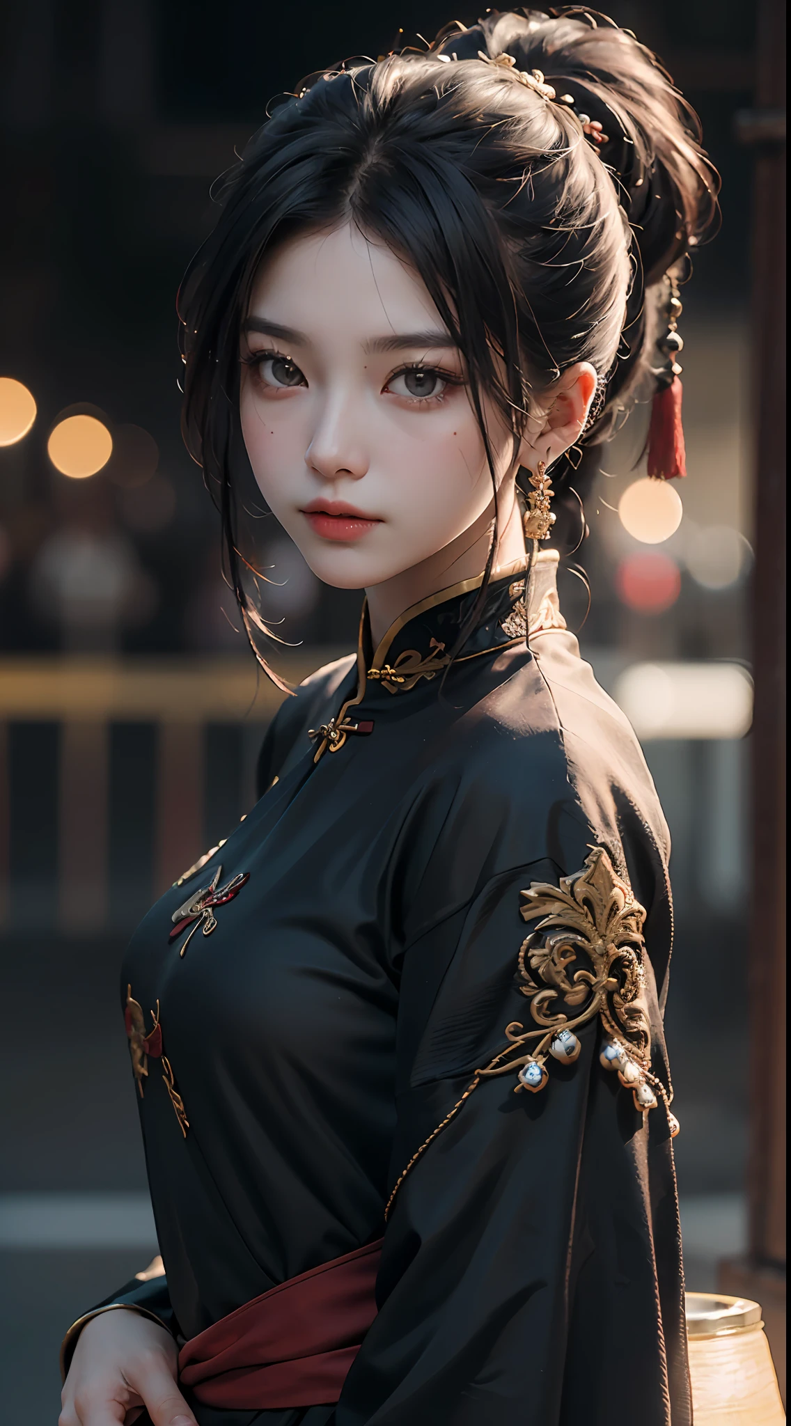 Best quality, (RAW photo: 1.2), (Masterpiece: 1.4), (Realism: 1.4), (High resolution: 1.4), Chinese actress Guli Naza, depth of field, intricate details, 8k, very detailed, perfect lighting, epic background, black tang costume