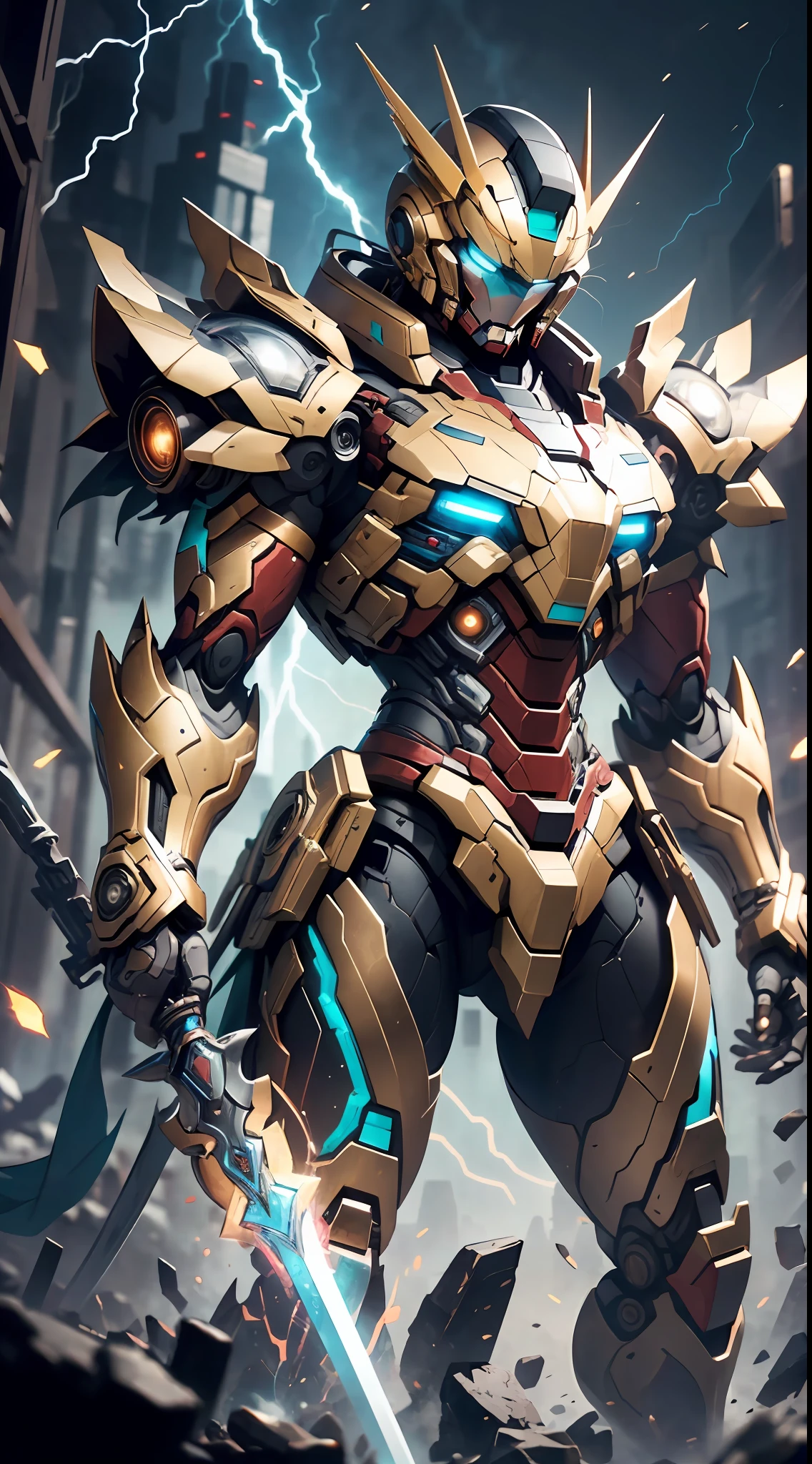 Golden Saint Seiya Limb Armor, Marvel Movie Iron Man Cuirass, (Gundam 00 Gundam Exia: 1.5), (Mecha) (Mechanical) (Armor), (Open Leg: 1.3), Shattered Mech, (Wide Angle), (Black Background: 1.6), Best Quality, Masterpiece, Cyberpunk Style, Robot Face, Glowing Sword in Hand, Super Resolution, (Reality: 1.4), 1boy, broad shoulders, cold eyes, crazy details, unrealistic engine style, Boca effect, David La Chapelle-style lenses, bioluminescent color palette: light blue, dark gold, bright white, gloss black, wide angle, super fine, cinematic still life, vibrant, Sakimichan style, perfect eyes, highest image quality 8K, inspired by Harry Winston, Canon EOS R 6 shooting masterpiece "Chaos 50,--, under the eyes mole, ray tracing, surrealism, textured skin, metallic shine, looking at the viewer, lightning and lightning night, particle effects, perfect composition,