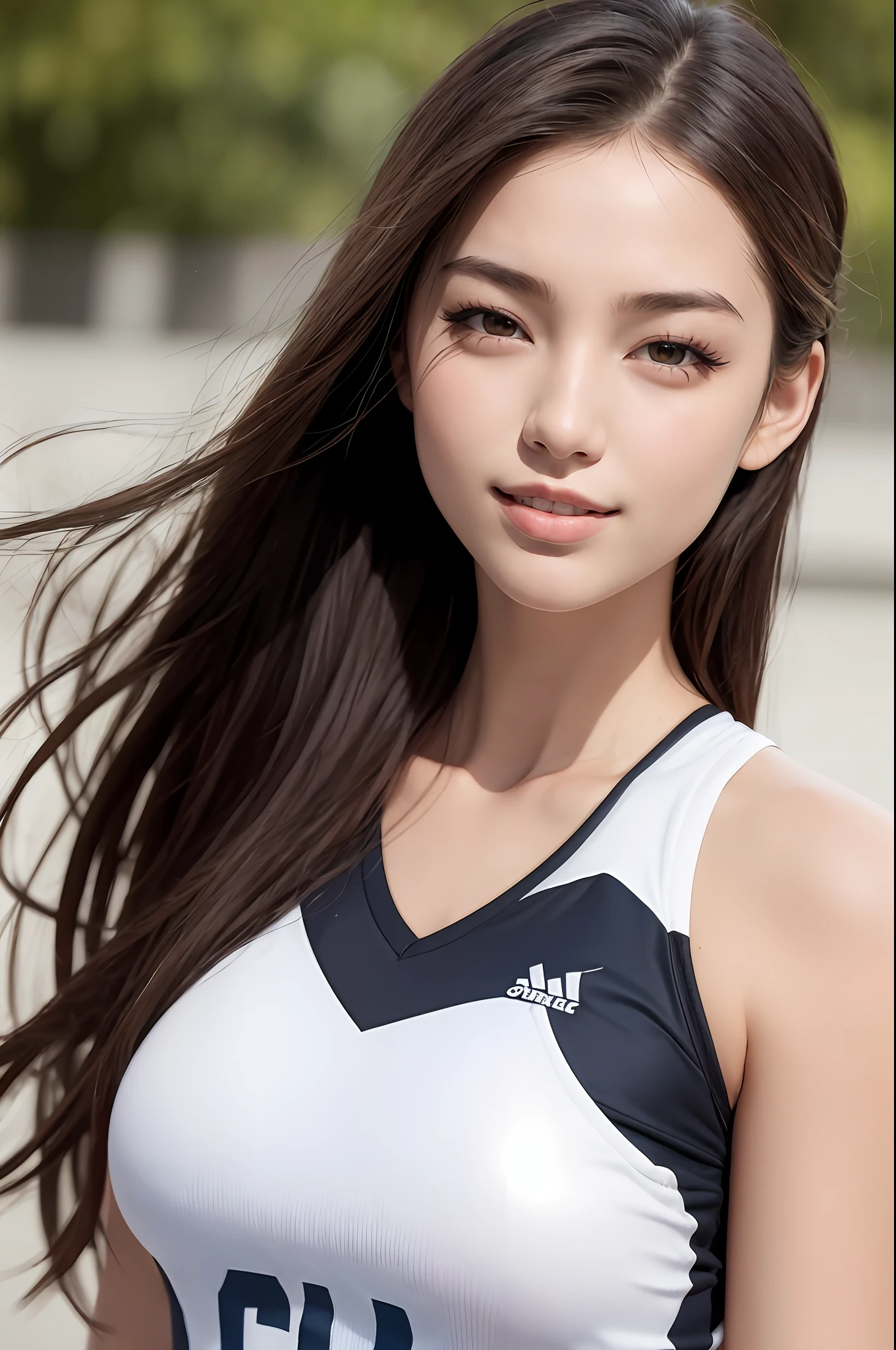 (8K, Best Quality, Masterpiece: 1.2), (Realistic, Photorealistic: 1.37), Super Detail, 1 Girl, 20 years old, Big, Beauty, Cute, Smile, Solo, Athletics, One Piece Uniform, (Redness of the Nose), (Smile: 1.15), (With Mouth Closed), Beautiful Eyes, (Long Hair: 1.2), Floating Hair Novafrog style, upper body
