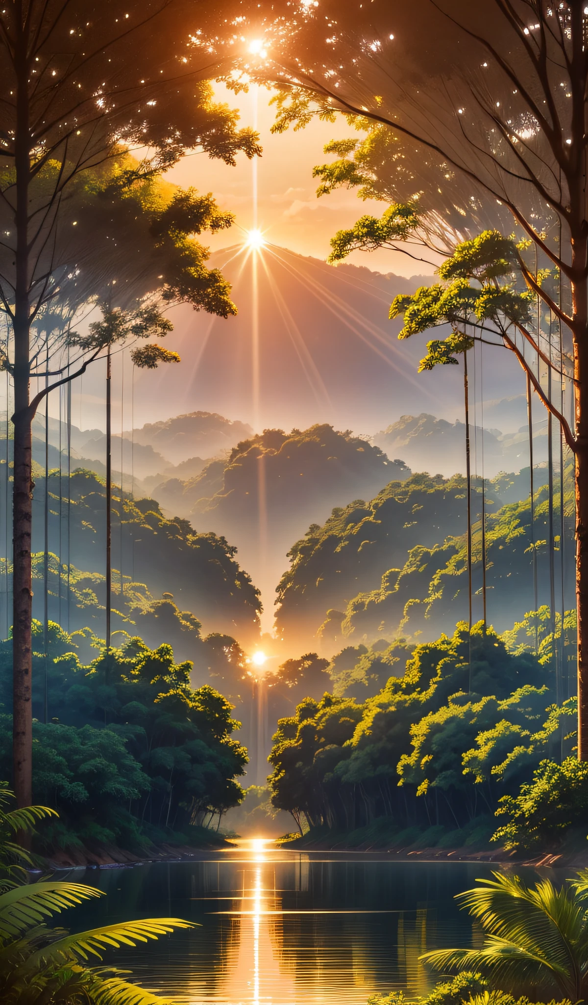 Amazon Forest, sunset with rays of sun --auto --s2