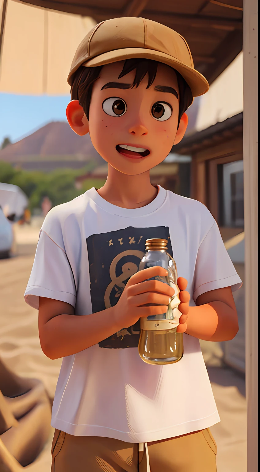 a boy named Mike, wearing a white T-shirt, cap, brown shorts, flip flops, holds an antique bottle in his hands, surprised to discover a rolled up map inside it, his face reveals an expression of curiosity and excitement as he examines the newly discovered treasure -uncovered-found, detailed, against a lush beach backdrop, Pixar style, vibrant color palette, contrasting yellow and brown accents from antique map and worn bottle, soft, diffused lighting, by artgerm, wide-angle camera lens