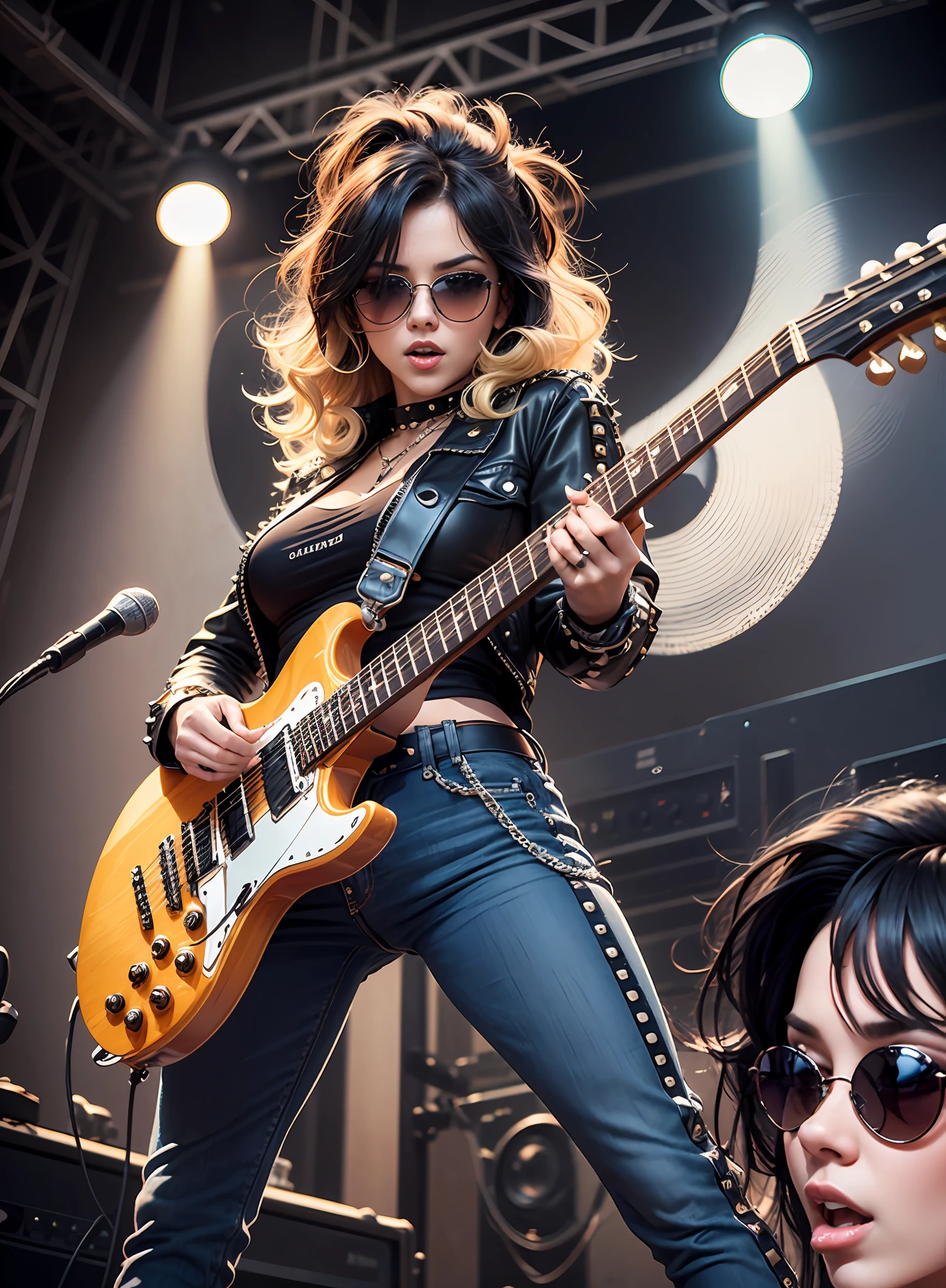 80s European Woman Metal Singer, black hair, blonde hair, sunglasses, dark jeans, rivets, pants, belts, chains, plays white and black guitar.