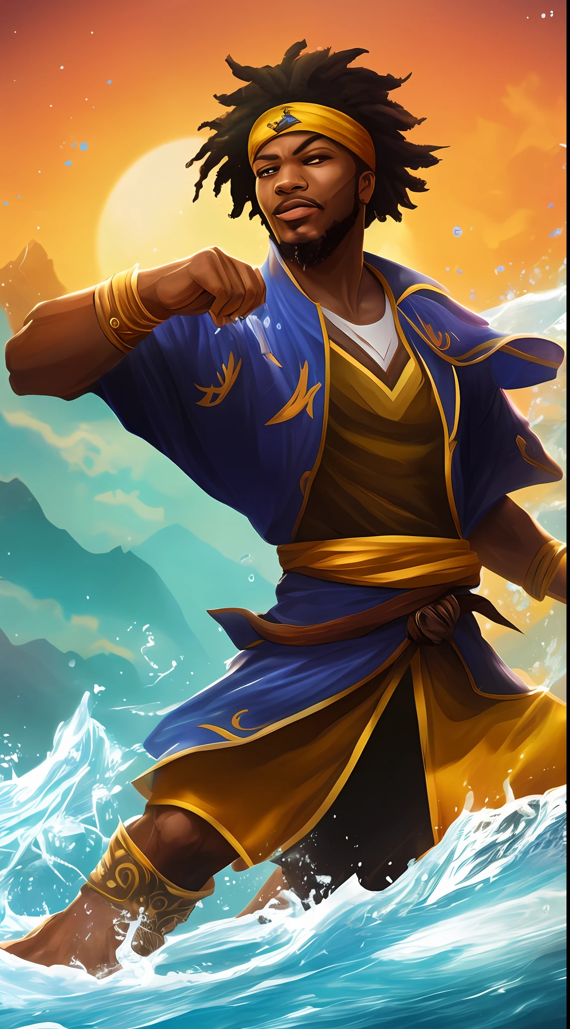 stylized splash art inspired by League of Legends, a black boy with brown eyes and Rastafarian hair, surfing without a board, creating ice on his feet and freezing the water around him. He is blindfolded and wears a broad robe. Ultra quality 4k, masterpiece. Artwork. --auto