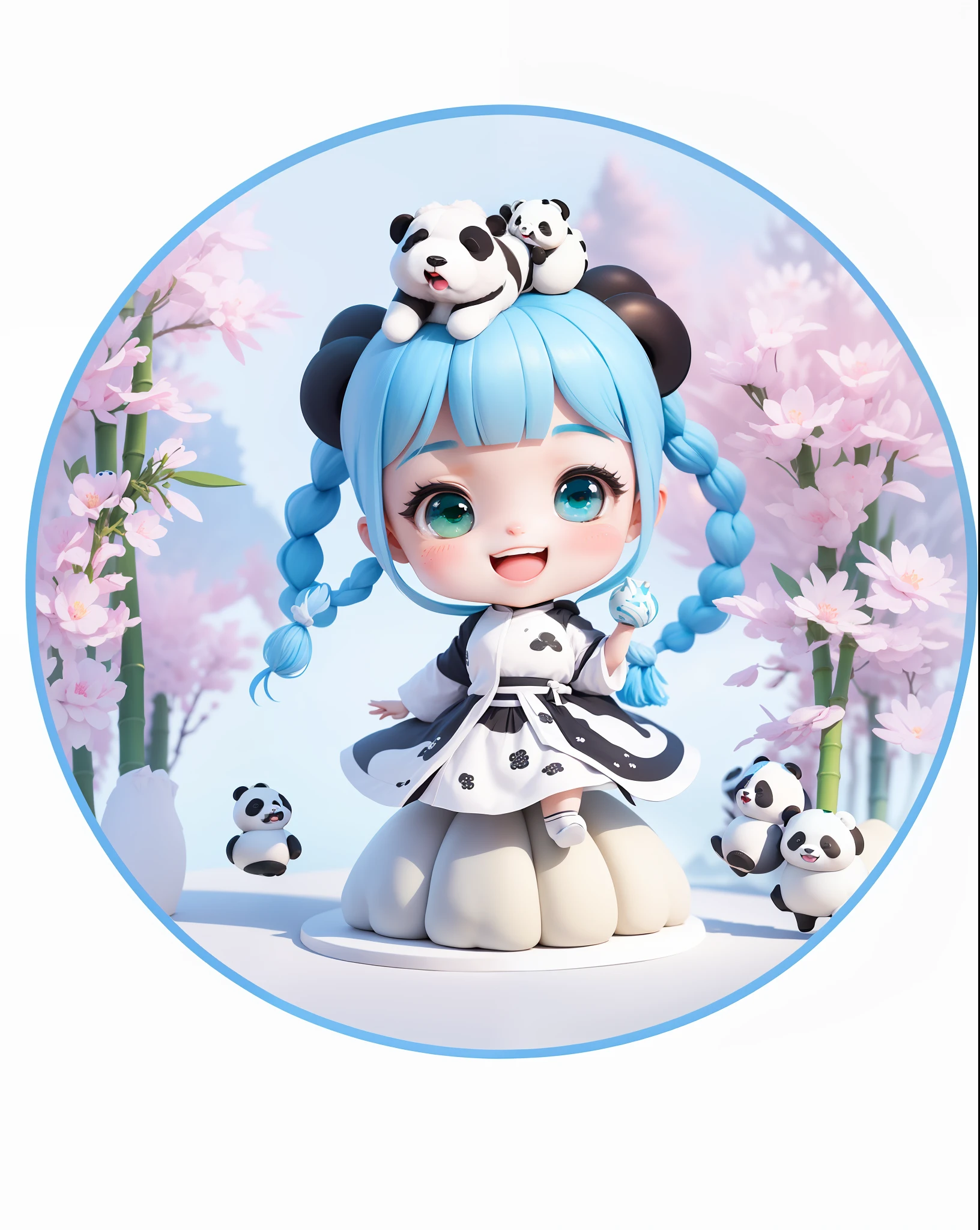 (Dazuo), (Excellent), (Super Meticulous), (Full body: 1.2), 1girl, Chibi, cute, smile, open mouth, laugh, panda lying on top of the head, blue and white hair with long braids, white top and green, white skirt with panda pattern inside, a giant panda next to it, a bamboo forest in the background.