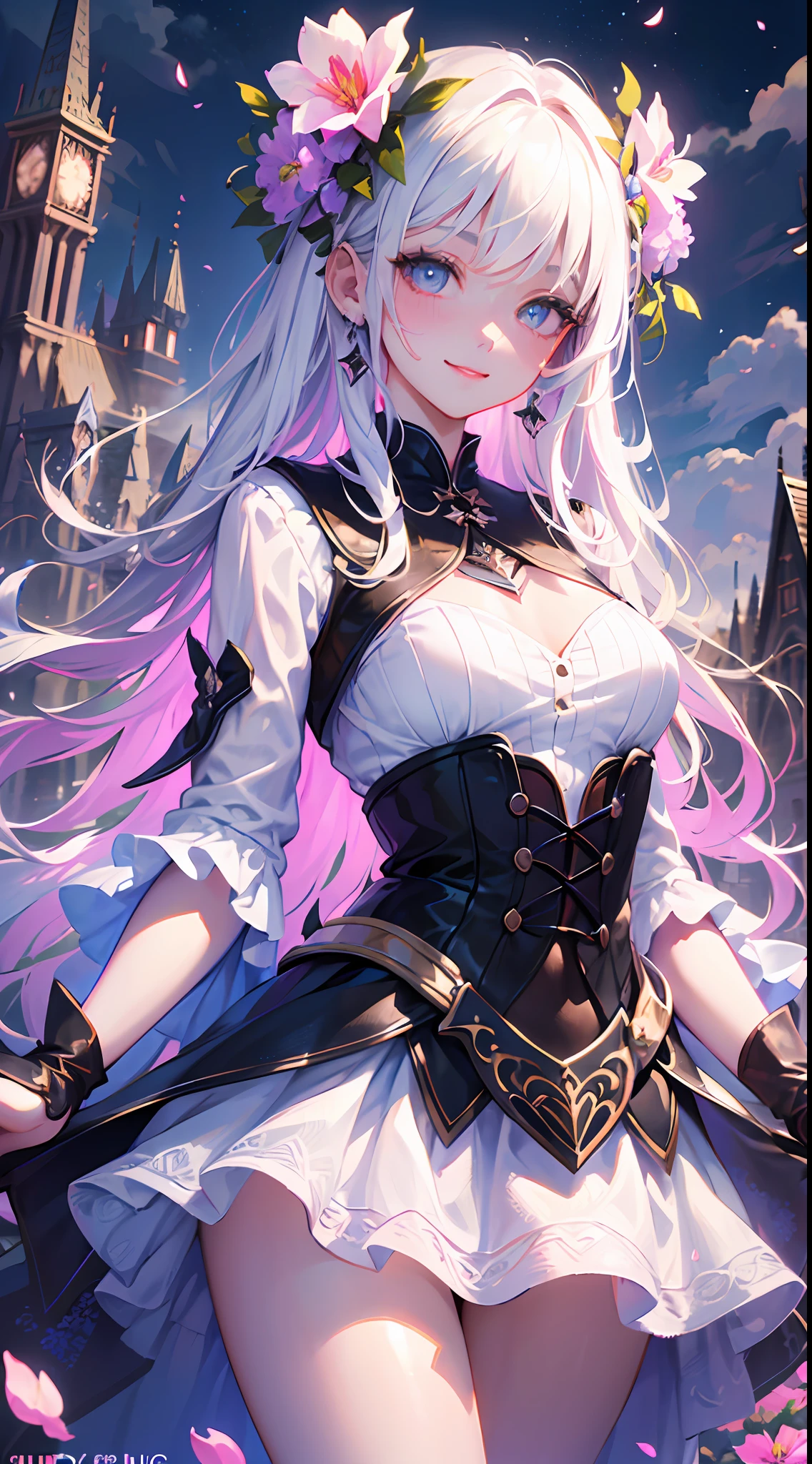 masterpiece, best quality, 1girl, (colorful),(finely detailed beautiful eyes and detailed face),cinematic lighting,bust shot,extremely detailed CG unity 8k wallpaper,white hair,solo,smile,intricate skirt,((flying petal)),(Flowery meadow) sky, cloudy_sky, building, moonlight, moon, night, dark theme, light, fantasy,