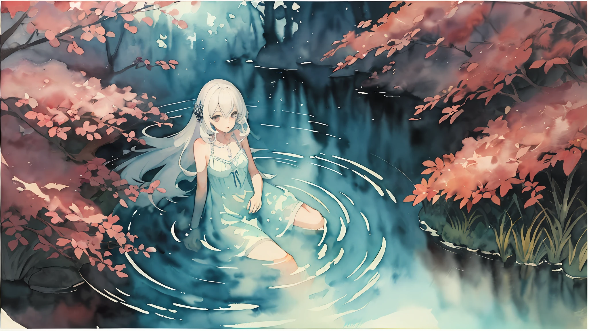 (highest quality), (masterpiece: 1.2), (colorful: 0.9), ((ink splash)), (color splashing), (((watercolor)))), clear focus, model shot, full body,
(Summer Portrait Goddess: 1.5), cute look, elegant white colored hair, beautiful detailed face and eyes, elegant goddess clothes, ((Summer forest background)),
Colored Water, Forest,(((watercolor))))