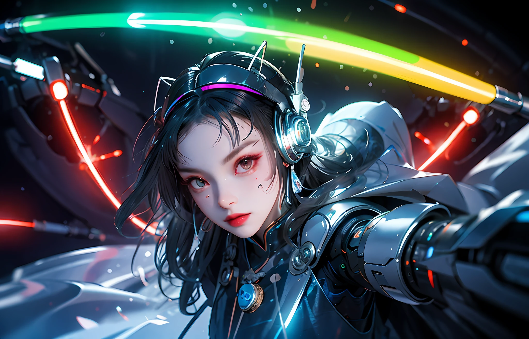 Background moon, big moon in the back, moon, 1 girl, Chinese_clothes, liquid silver metallic and rainbow colors, cyberhan clothes, cheongsam, cyberpunk city, dynamic pose, detail luminous headphones, luminous hair accessories, long hair, glowing earrings, glowing necklace, cyberpunk, high-tech city, full of mechanical and futuristic elements, futurism, technology, glowing neon lights, rainbow colors, rainbow color light, sexy skirt, transparent black cape, laser light, digital background city sky, big moon, There are vehicles, the best quality, masterpiece, 8K, character edge light, super high detail, high quality, the most beautiful woman in human beings, smile, face facing the front left and right symmetry, ear corner decoration, long antenna glow, beautiful pupils, light effects, visual data, silver iridescent hair dyed hair, ultra-detailed facial texture, happy and proud, weapon system, crowded street passers-by, mecha style, glowing antenna on the head, deep eyes, far view, details of the entire city, far view, panorama, stretched vista, fisheye, elevation angle, girl sitting, Candy color neon color matching