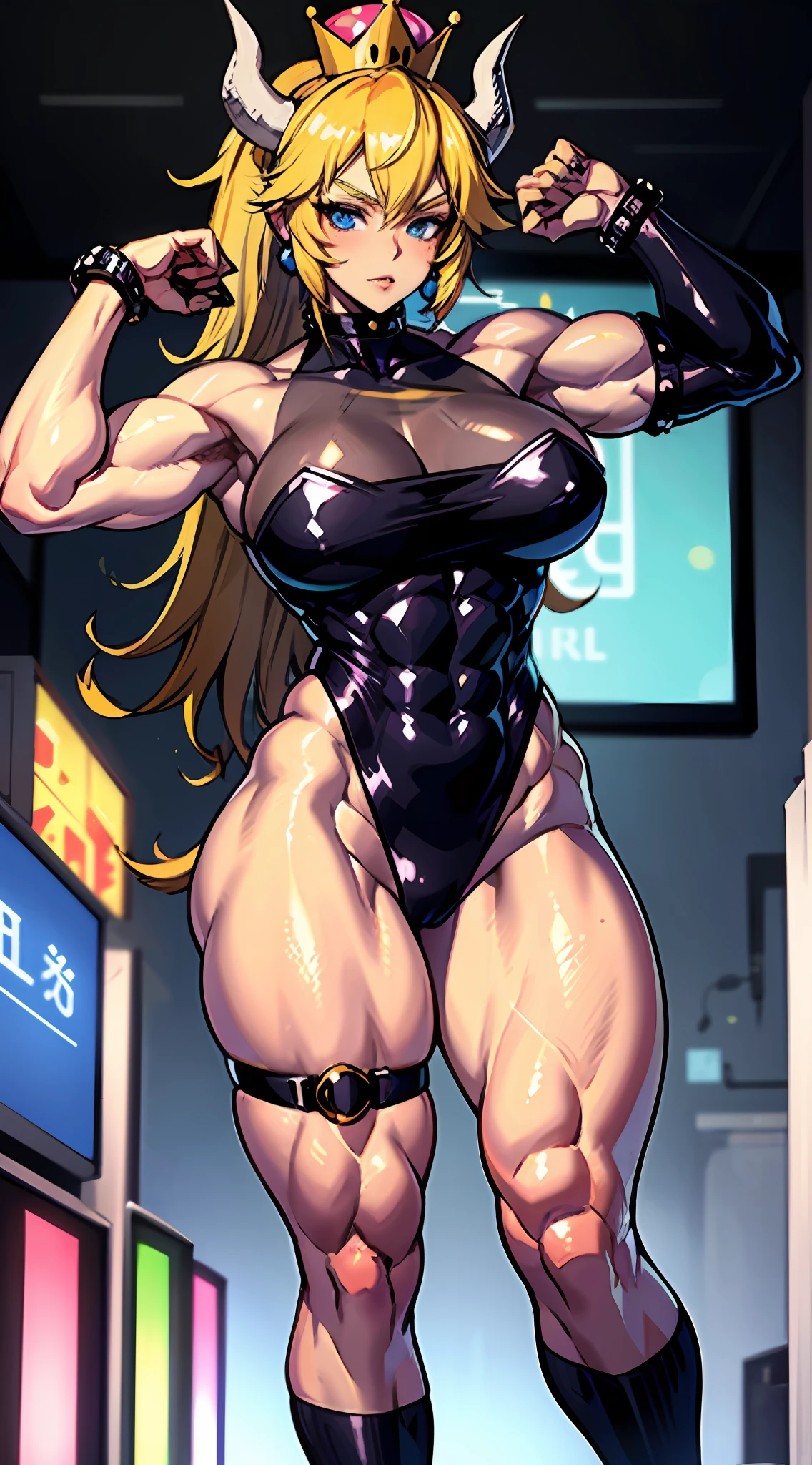 1 girl, anime girl, best quality, bodybuilding, muscle, big, wallpaper, hotel, blush, side visible pose, seductive, cyberpunk suit,