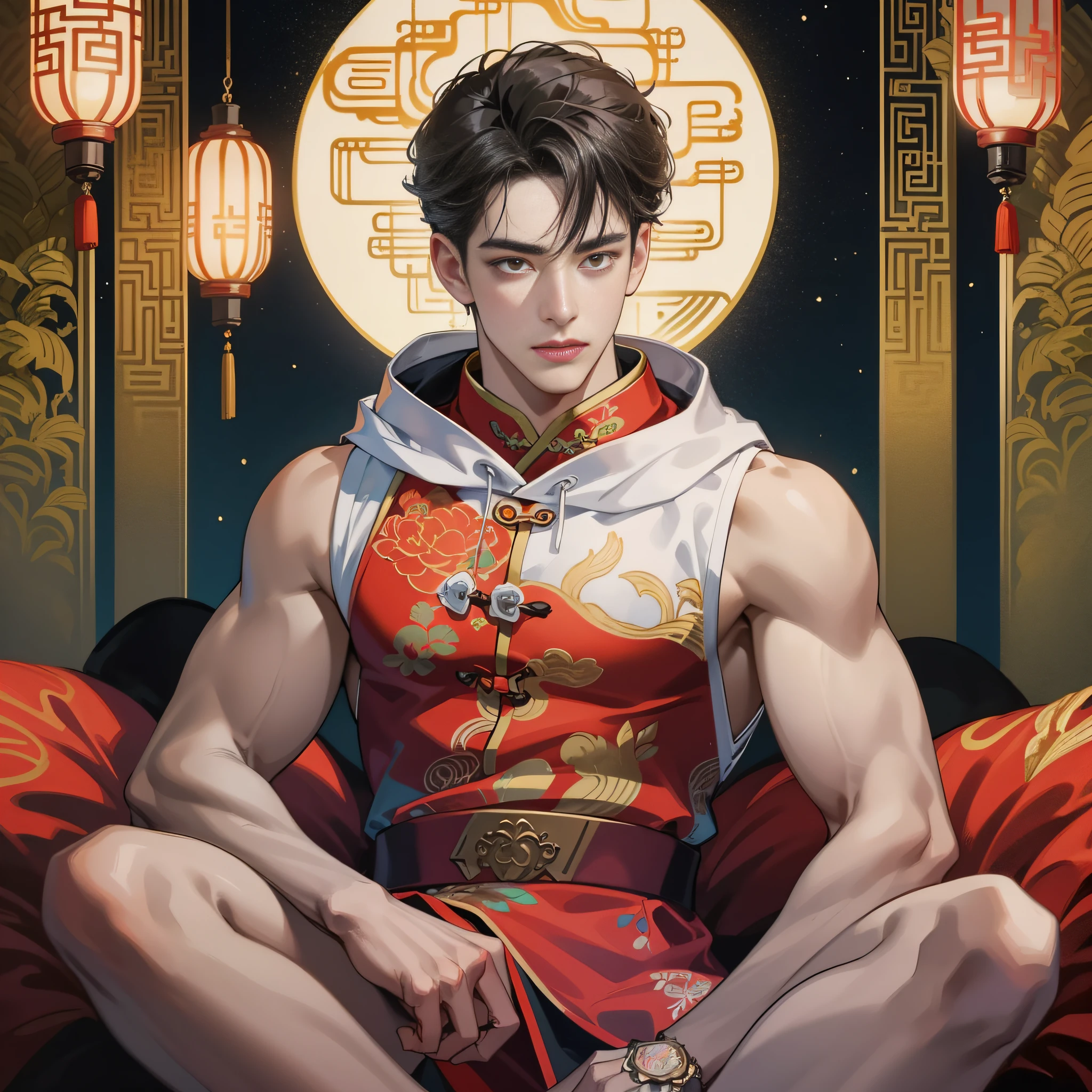 muscular boy, masculine face, wild, masculine, valiant, handsome, rugged, hoodie, modern chinese traditional costume, fusion of ancient Chinese and modern, king of rappers, pectoral muscles, abs, cool atmosphere, sitting, solid posture, fashionista, stylish, colorful, individual, luxurious, Cantonese, singing, dancing, sky with stars shining like dreams, Book of quiet nights, starry sky blooming brightly, whispering dreams and the border of confusion, Cantonese pride, peach-colored clothes