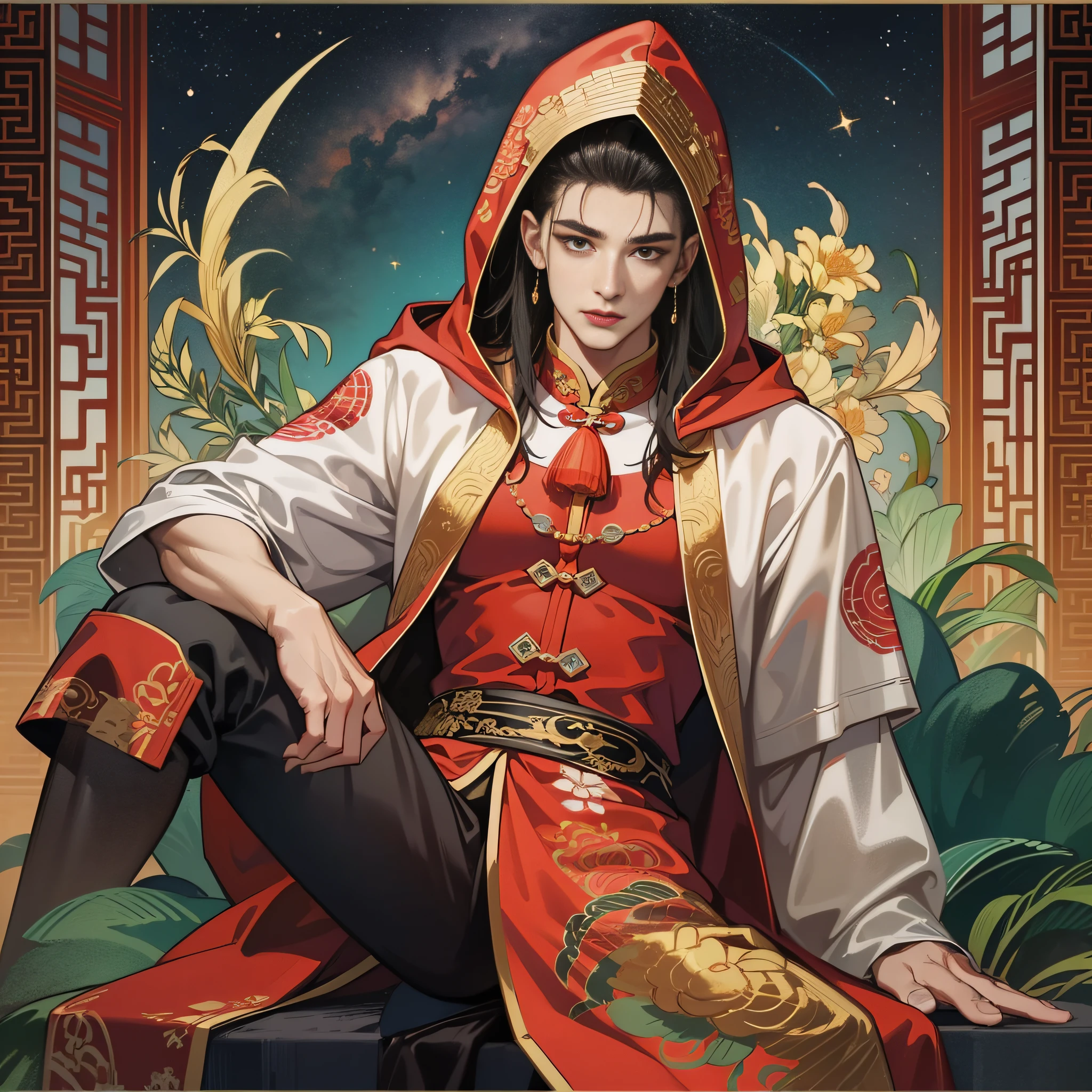 muscular boy, masculine face, wild, masculine, valiant, handsome, rugged, hoodie, modern chinese traditional costume, fusion of ancient Chinese and modern, king of rappers, pectoral muscles, abs, cool atmosphere, sitting, solid posture, fashionista, stylish, colorful, individual, luxurious, Cantonese, singing, dancing, sky with stars shining like dreams, Book of quiet nights, starry sky blooming brightly, whispering dreams and the border of confusion, Cantonese pride, peach-colored clothes