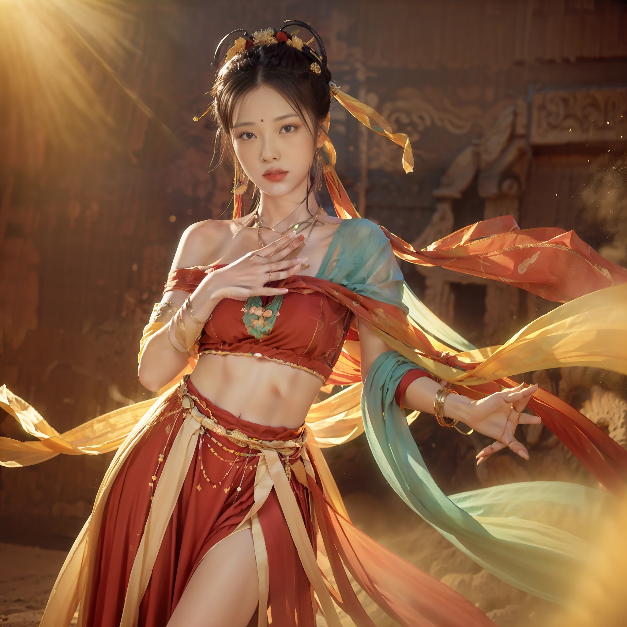 8k wallpaper, ink, amazing, chinese style, dunhuang style, desert background, detailed face, movie lighting, lens_flare, dunhuang_style