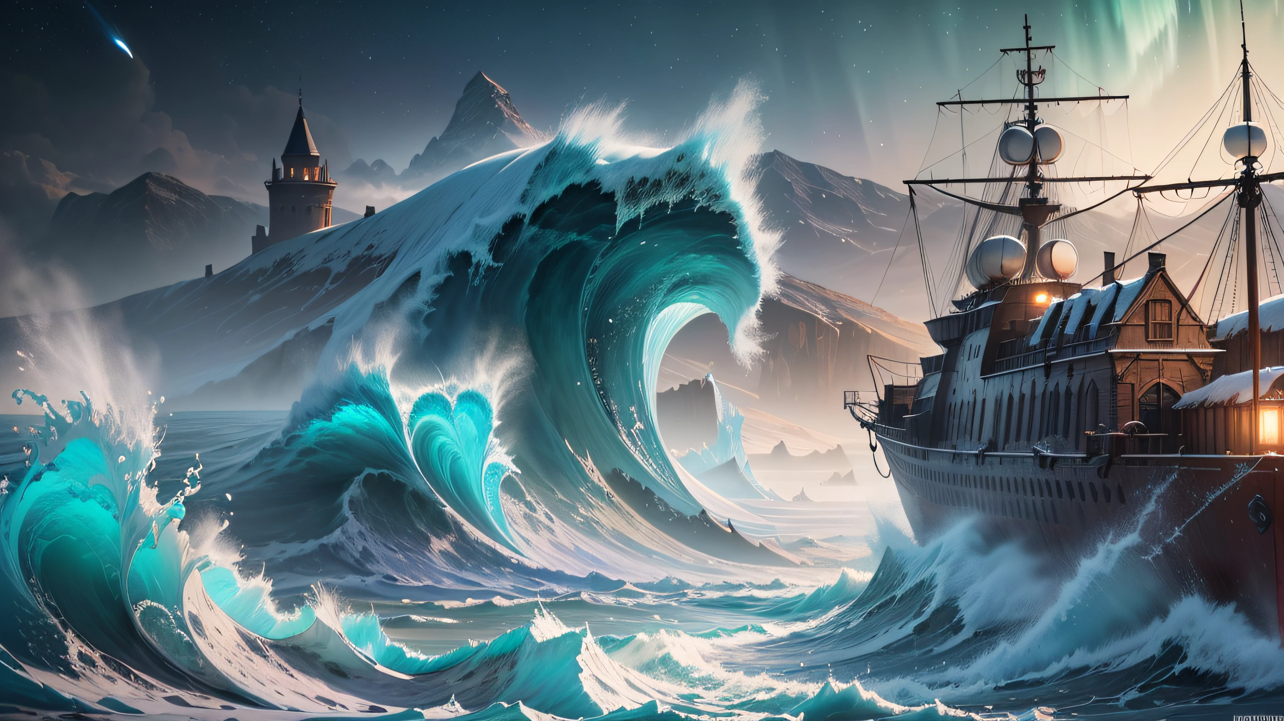 view of turbulent swells of a violent ocean storm, inside a glass bottle on the beach ม dramatic thunderous sky at dusk at center a closeup of large tall pirate ship with sails, breaking light --auto