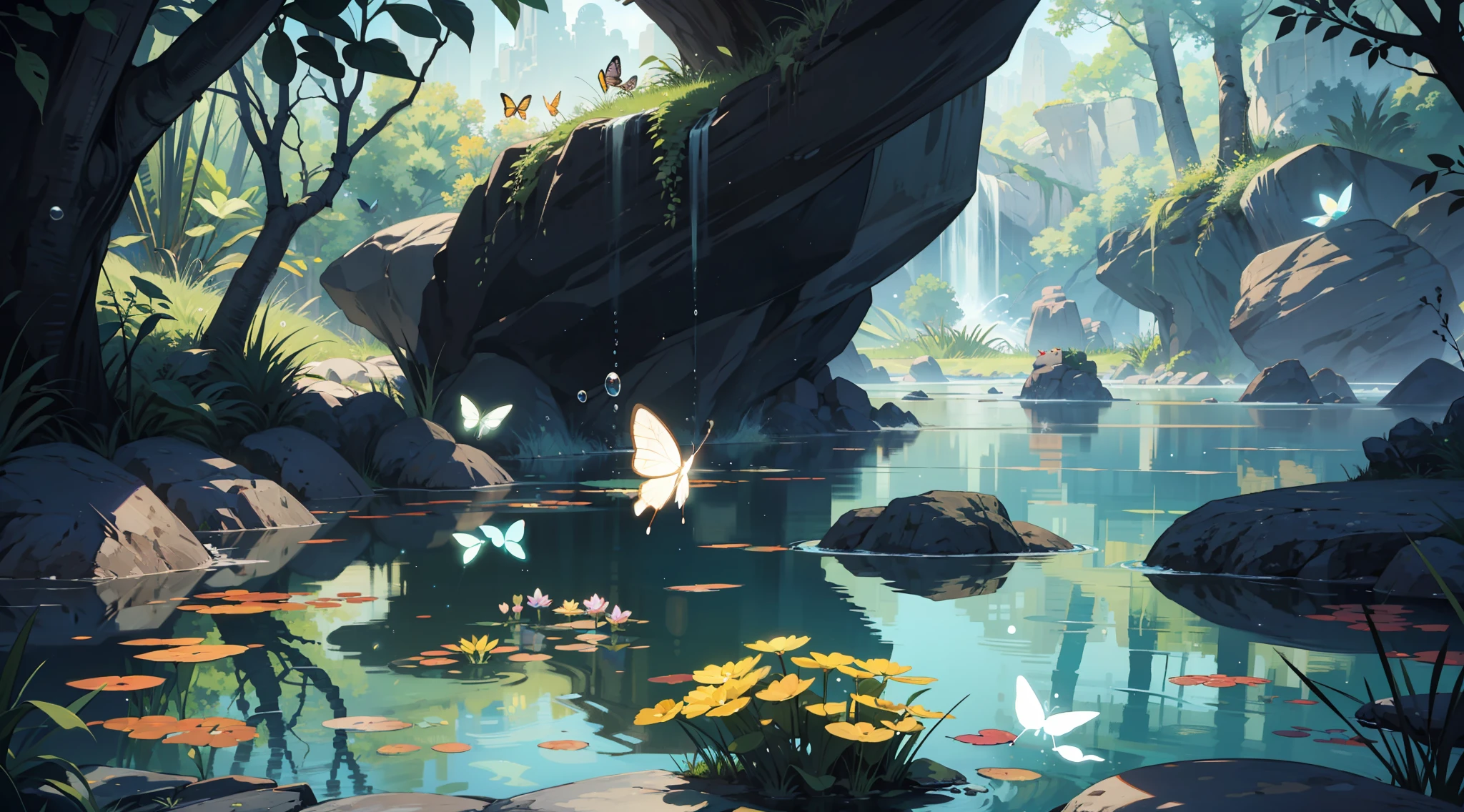 A lively pond , rocks , waves , fishes , rocks , vivid colors , sparkling , butterflies, highlights , sunlight , bubbles , clear waters