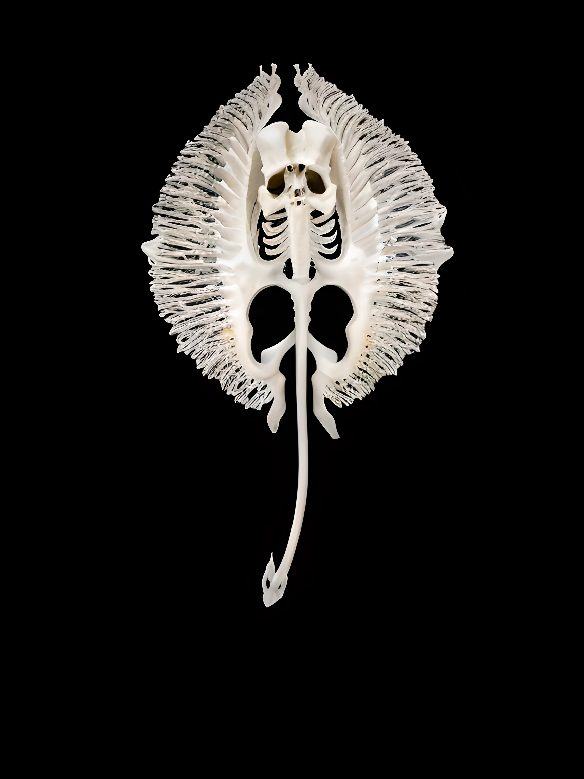 Arafed skeleton of a stingray with a long, symmetrical gelatinous tail, anatomical fractal, stingray skeleton, skeleton - as a creature, skeleton-like creature, gaping gills and baleen, made of leaf skeleton, made of leaf skeletons, skeleton with extra fleshy pieces, translucent gills, stingray thorax, spine, huge spines