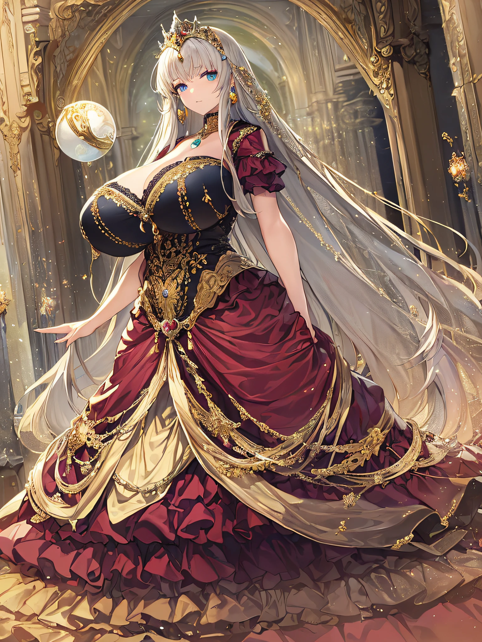 ((anime artstyle)),(Masterpiece),(Best Quality), (Super Detail),Illustration,((Very Delicate and Beautiful)),Focus on character,Dynamic Angle,Looking at viewer,((Solo)),standing,(((full body))),((one noble princess in gorgeous ball gown with voluminous skirt)),detailed face and eyes,jewel-like eyes,((Very Long voluminous Hair)),gorgeous embroidery and lace,See-through,ornate ruffles,Gorgeous jewelry ornaments,luxury hair ornament,luxury tiara with jewels,(gigantic breasts,Long breasts),full body,((gorgeous ball gown with voluminous skirt))