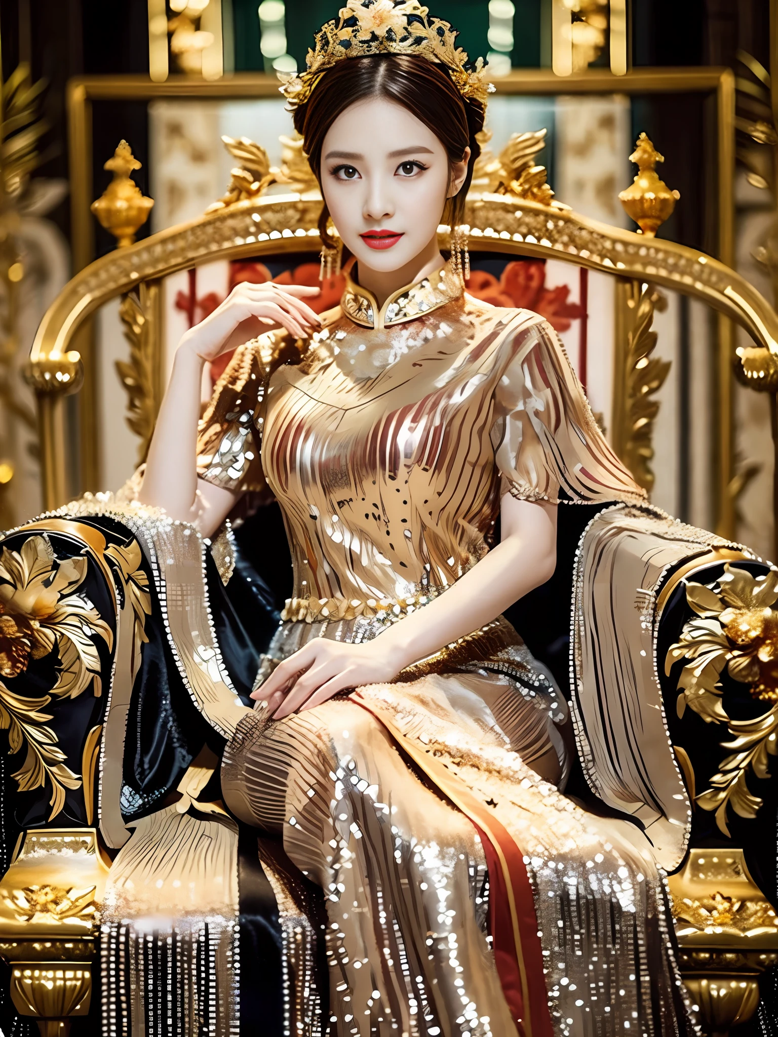 Best quality, masterpiece, detail, intricate detail, realistic cinematic lighting, (fantasy art: 1.6), (seiza: 1.1), (front: 1.2), upright, royal, majestic, queen, (huge and golden throne: 1.4), crown, close-up front, solemn, throne, upright posture, seriousness, dignity, gaze ahead, contemplation, jewelry, solo, divine ray, 1 woman, gold and red dress, golden palace,