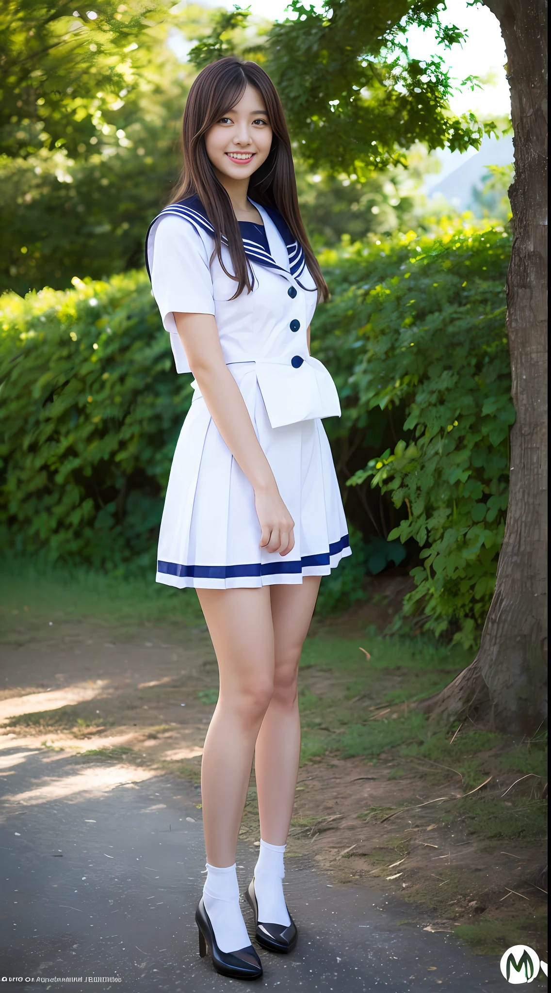 1girl, (best quality, masterpiece, ultra high resolution),(photorealistic:1.3), (realistic:1.3),(long legs:1.3), (closed mouth), (light smile:1.2), (expressive hair:1.2), (blonde hair:1.2), (full body:1.2), (button up), (sailor senshi uniform:1.3), (aino minako:1,2), (sailor senshi:1.2), (arms at sides:1.3), outdoors, (tree:1.2), (mountain),busty, dynamic pose, vivacious and seductive, (night:1.2),(standing:1.2), (slender), (slender legs), shiny skin, nose blush, (facing viewer),