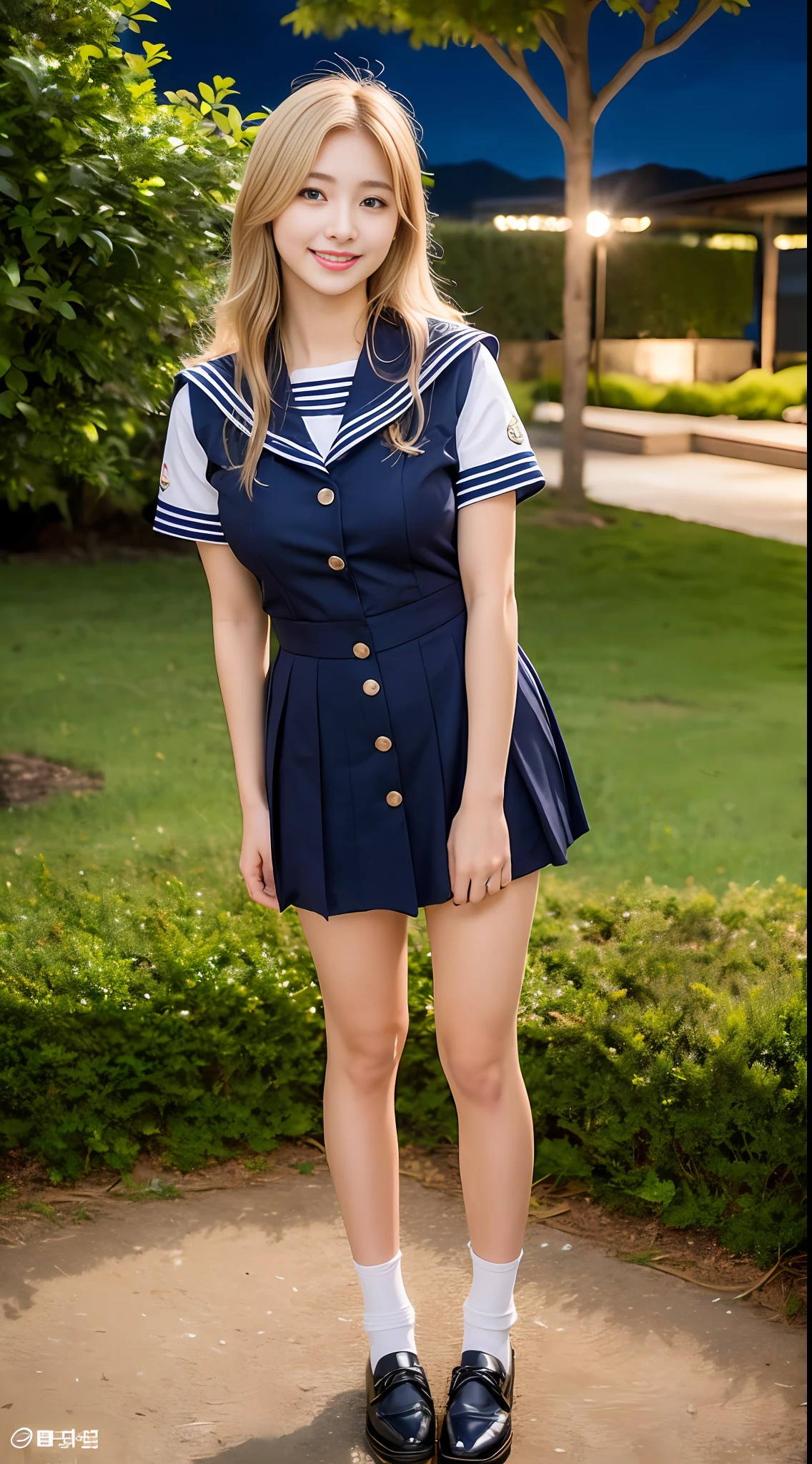 1girl, (best quality, masterpiece, ultra high resolution),(photorealistic:1.3), (realistic:1.3),(long legs:1.3), (closed mouth), (light smile:1.2), (expressive hair:1.2), (blonde hair:1.2), (full body:1.2), (button up), (sailor senshi uniform:1.3), (aino minako:1,2), (sailor senshi:1.2), (arms at sides:1.3), outdoors, (tree:1.2), (mountain),busty, dynamic pose, vivacious and seductive, (night:1.2),(standing:1.2), (slender), (slender legs), shiny skin, nose blush, (facing viewer),