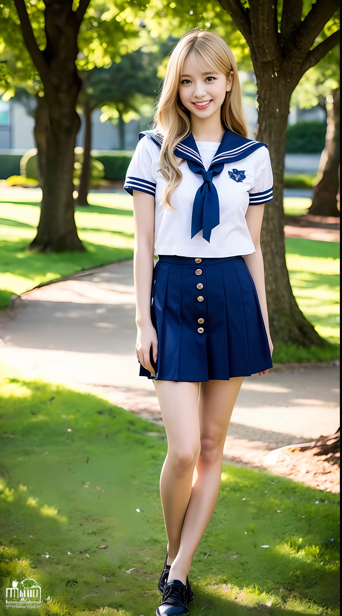1girl, (best quality, masterpiece, ultra high resolution),(photorealistic:1.3), (realistic:1.3),(long legs:1.3), (closed mouth), (light smile:1.2), (expressive hair:1.2), (blonde hair:1.2), (full body:1.2), (button up), (sailor senshi uniform:1.3), (aino minako:1,2), (sailor senshi:1.2), (arms at sides:1.3), outdoors, (tree:1.2), (mountain),busty, dynamic pose, vivacious and seductive, (night:1.2),(standing:1.2), (slender), (slender legs), shiny skin, nose blush, (facing viewer),