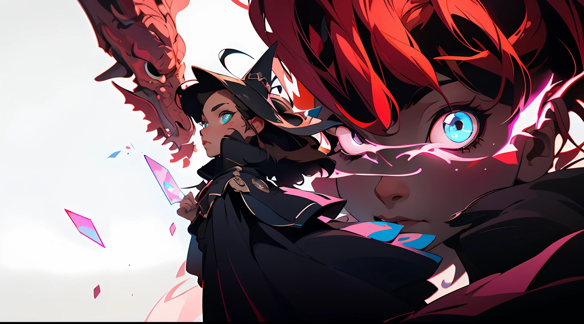 Anime - a stylistic image of a woman in a black dress and hat, black cape and black cape, Guvez on the Pixiv art station, brunette mage, popular on ArtStation Pixiv, Guweiz on ArtStation Pixiv, from Arknights, by Yang J, Zerochan Art, 8K, pixiv style, beautiful anime artwork, in pixiv, , Highest rating on pixiv, beautiful anime art, perfect masterpiece, highest picture quality, perfect picture quality, 8K, upper body lens, delicate face, face close-up, strange luminous transparent eyes, magic transparent eyes, star eyes, holographic phantom background, digital art, graphic illustration, color illustration, fine style,