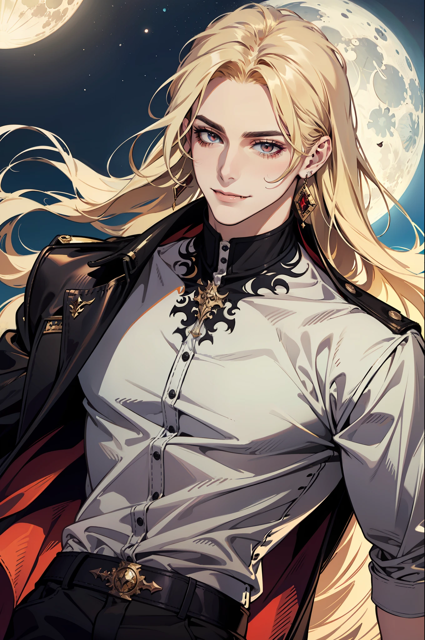 (absurdres, highres, ultra detailed), 1man, 30 years old man, adult man, handsome, tall,, finely detailed eyes and detailed face, brown leather pants, white shirt, night, smile, dutch angle, ((long hair, blonde hair)), moon, gold details, earrings, gothic, vampire, vampire prince, dark, simple clothes, looking at the view, pale skin, red detailed eyes, (masculine), sexy, elegant, long bangs