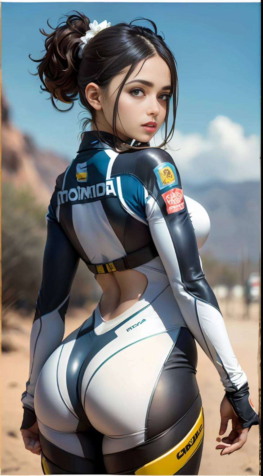 Racing suit, desert, (inspired by the Avengers), ponytail, one-piece gel pants, machine girl, safety rating, big ass, (8k, foto raw, fotorrealista: 1, 25), (muito brilho labial, muitos cílios, melhor qualidade, ultra alta resolução, profundidade de campo, Aberração cromática, luz ampla, cor natural, distant image (1:2)