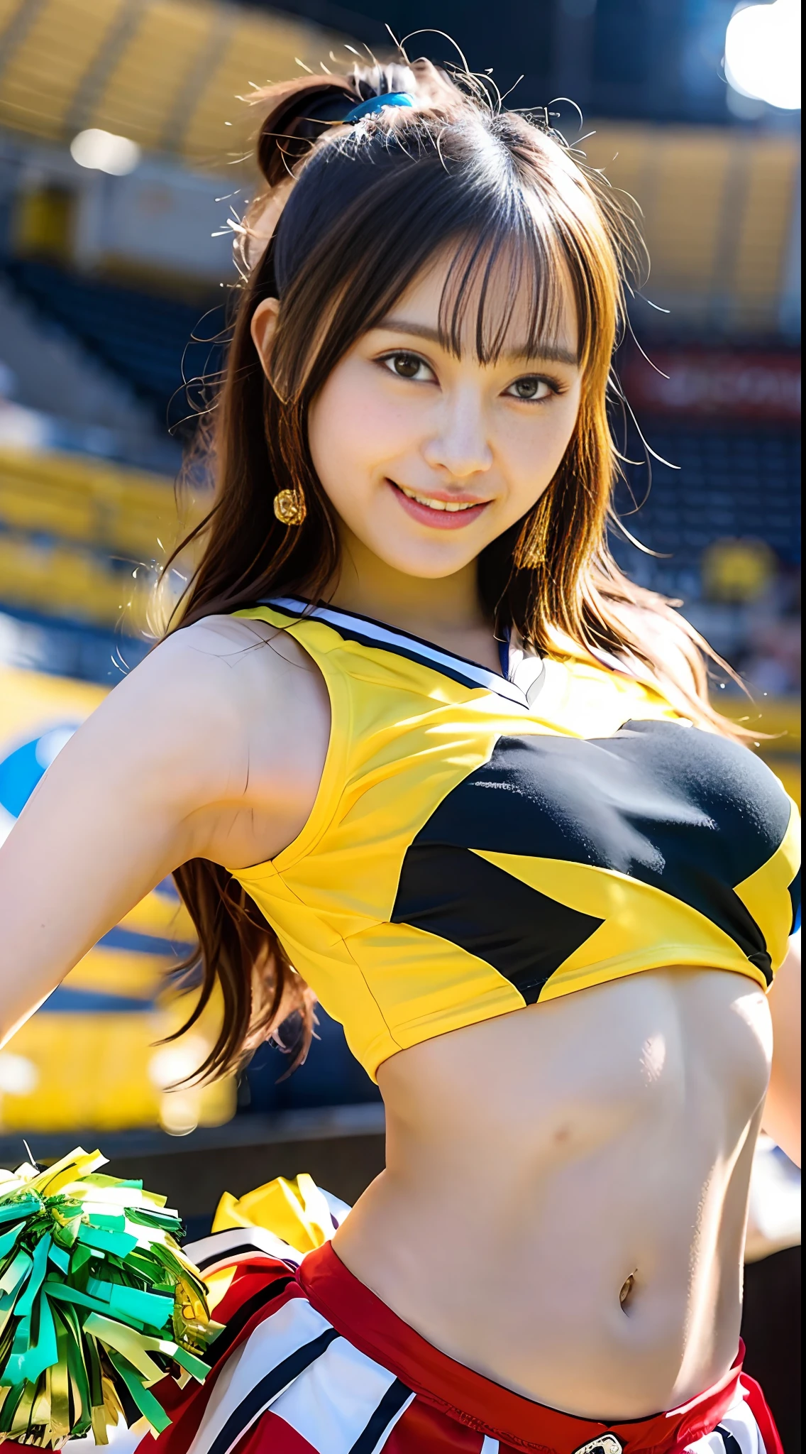 1 Alafed Asian cheerleader posing dynamically holding pom-pom in stadium, close-up, cosplay photo, anime cosplay, big breasts, RAW photo, best quality, high resolution, (masterpiece), (photorealistic:1.4), professional photography, sharp focus, HDR, 4K resolution, intricate details, depth of field, Highly detailed CG Unity 8k wallpaper, front light, NSFW, women, girl, beautiful supermodel, smile, slender, small cheer uniform, yellow,