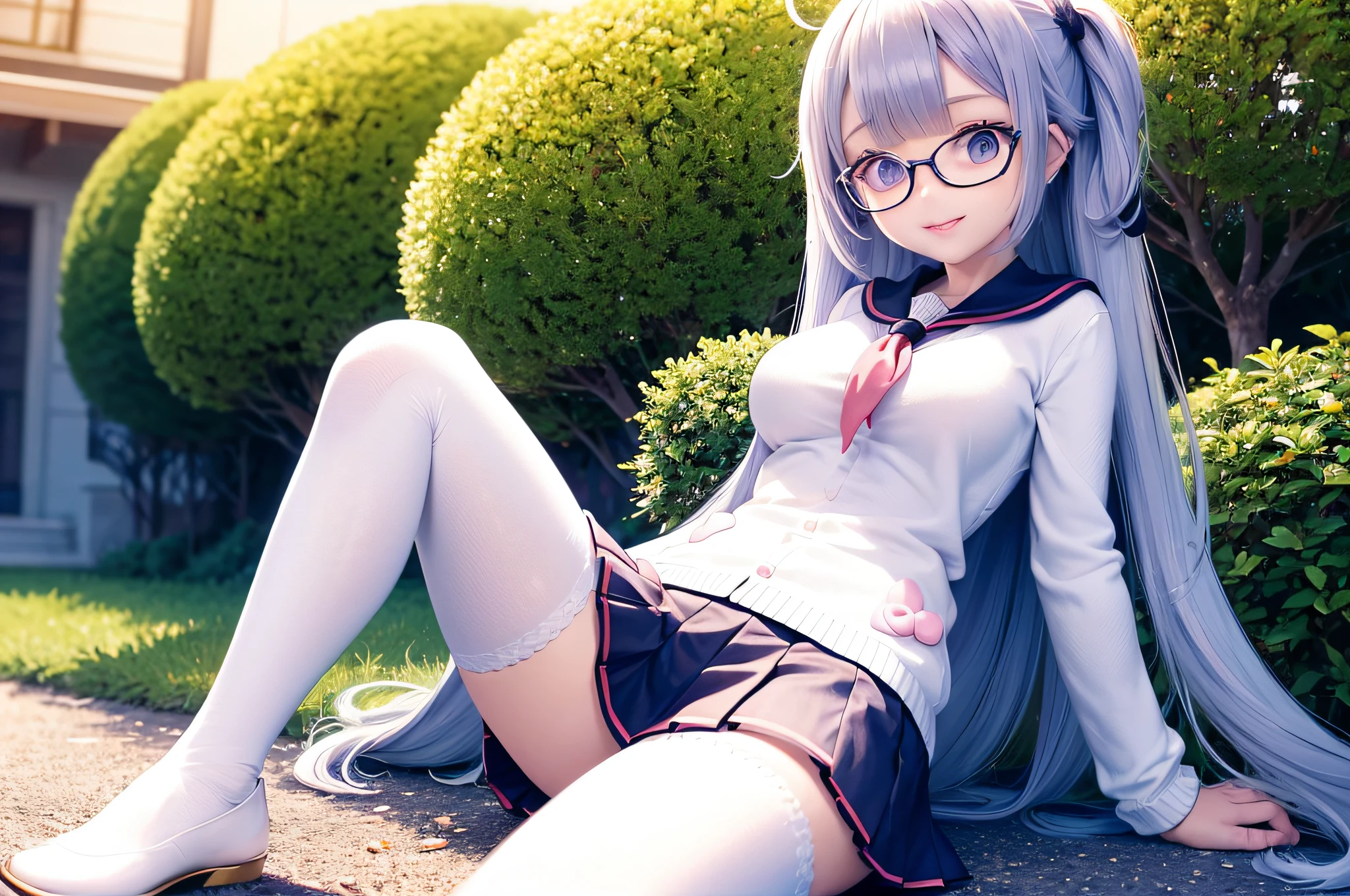 breast sagging,
((Masterpiece)), (Best Quality), (Ultra Detailed), (Grain :0.7), Intricate Detail, Perfect Anatomy, Fine Detail, Bloom, Illustration, Epic Lighting, Film Composition, Vivid Colors, Sharpness:1.3, (Very Detailed CG:1.2), (8K:1.1), Detailed Background,
Center of the picture,
cardigans, sailors' uniforms,
cute girl, detailed face, detailed eyes, double tail, low double tail, pink hair, very long hair, huge breasts, big breasts, huge boobs, round face, beautiful eyes, big eyes, ahoge,
Skinny sailor cardigan uniform, navy blue sailor skirt, mini skirt, white pantyhose,
Thin round glasses, hairpins, pink scarf, sailor collar, X hair accessories,
Dürr on the floor, white
Childish: 1.1, short stature, slender, thin, petite,
full body, sitting, picnic, looking at the audience, top right view, seductive smile,
Smartphones, unicorn dolls,
outdoor, garden, flowers, cherry blossoms, grass, sunlight, clear sky, clear sky background,