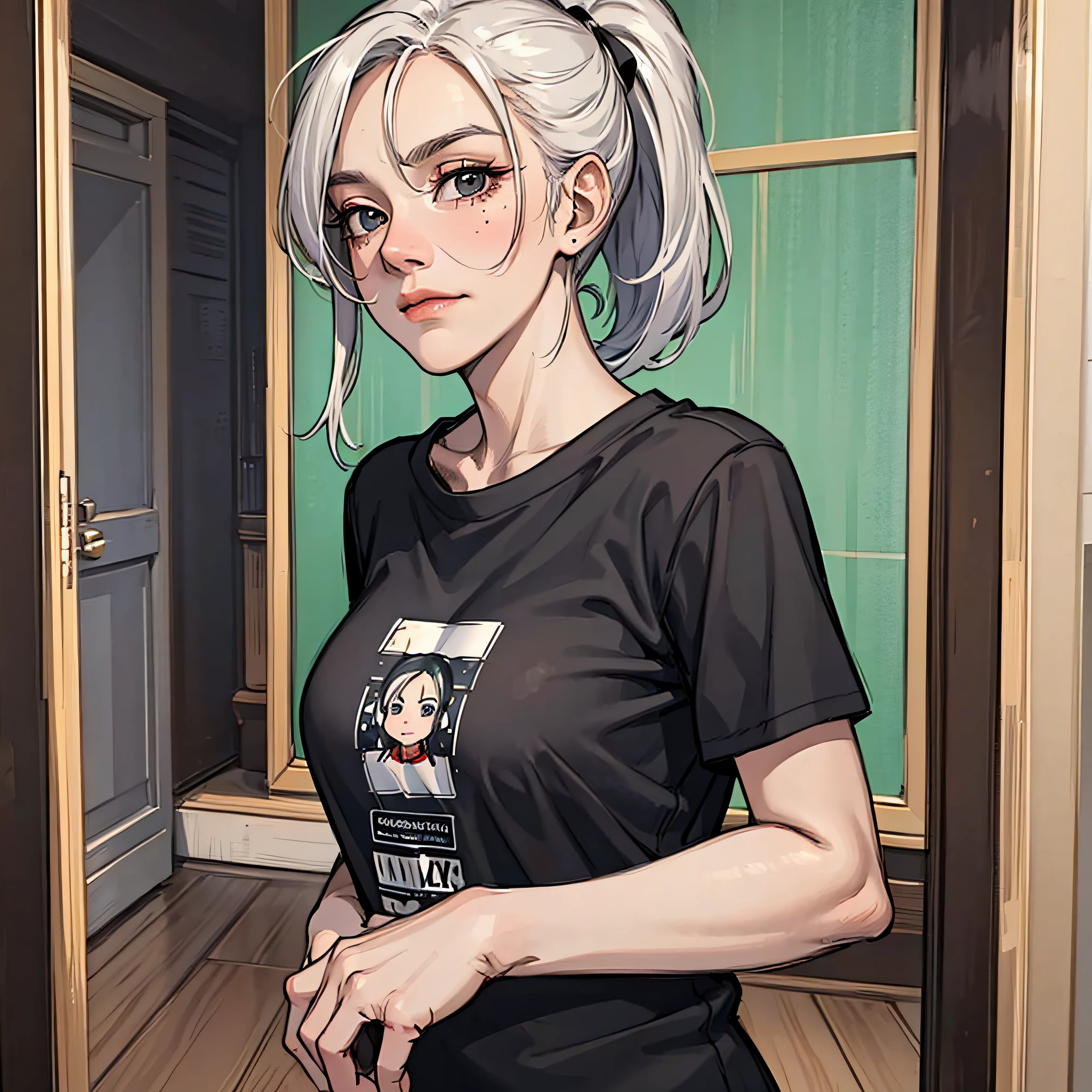 A middle-aged woman in a black shirt, black ponytail, with a lot of wrinkles on her face, standing at home, facing the camera with a puzzled expression