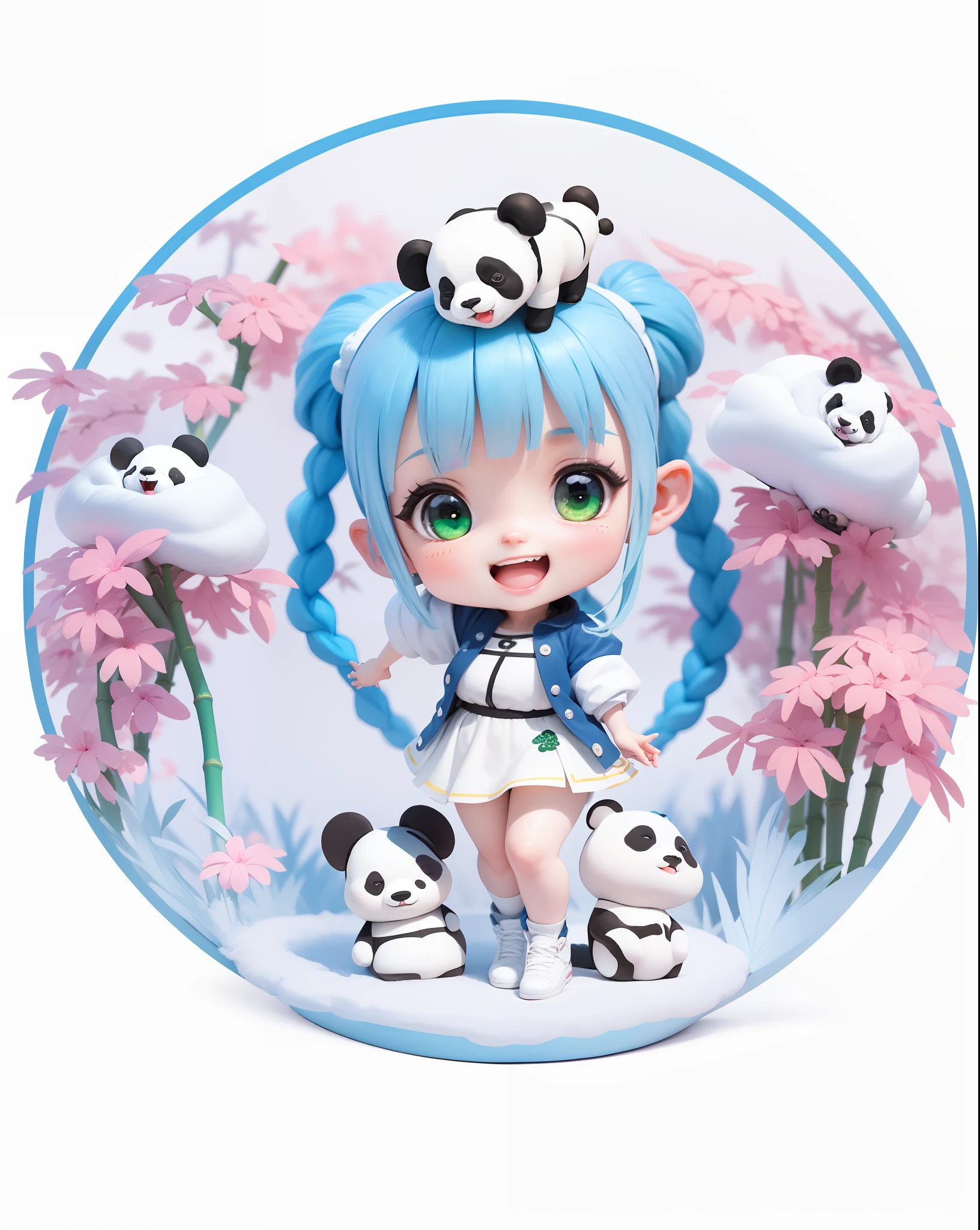 (Dazuo), (Excellent), (Super Meticulous), (Full body: 1.2), 1girl, Chibi, cute, smile, open mouth, laugh, panda lying on top of the head, blue and white hair with long braids, white top and green, white skirt with panda pattern inside, a giant panda next to it, a bamboo forest in the background.