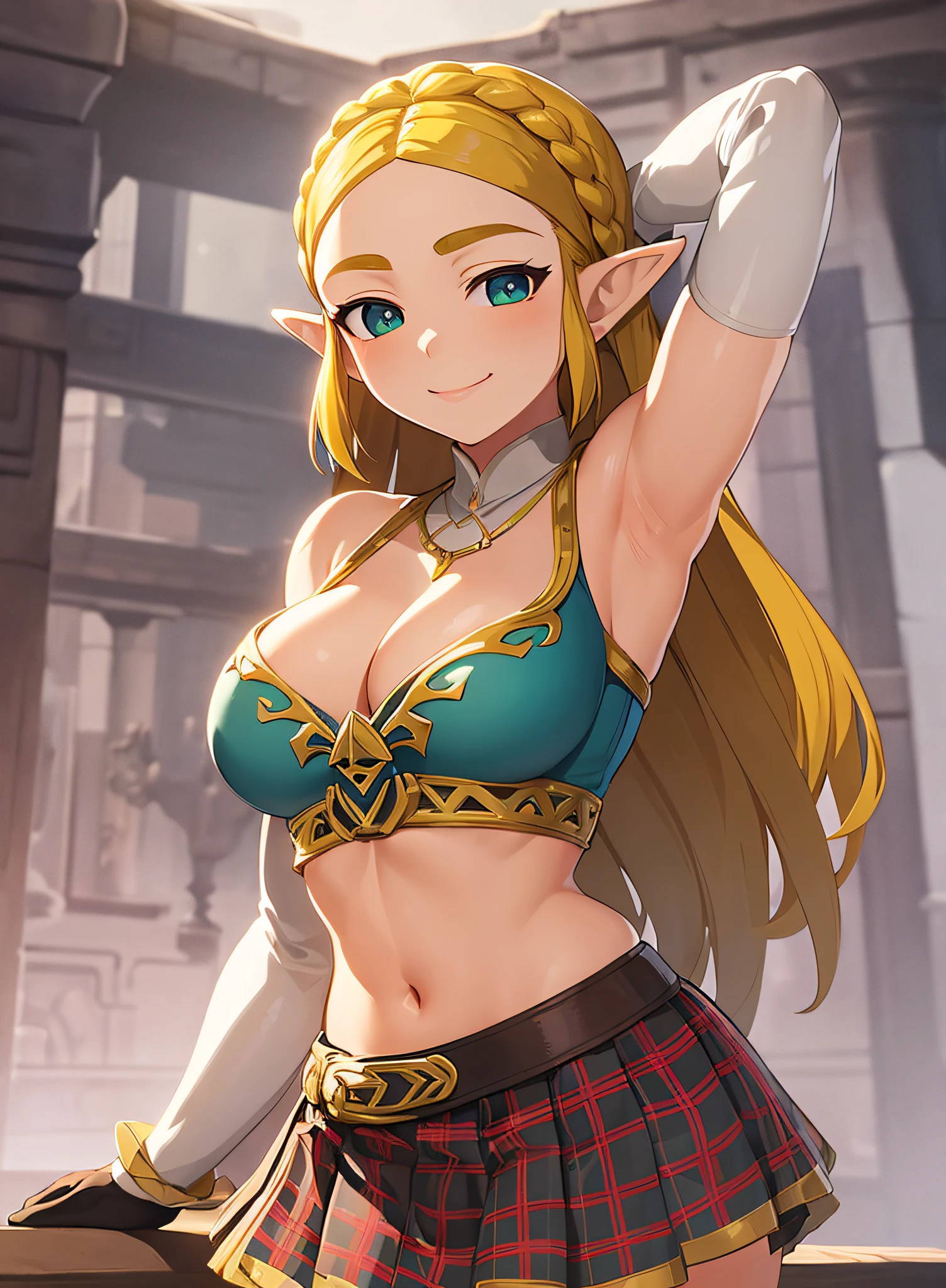 zelda\(princess\), 1girl, solo, large breasts, cleavage, seductive smile, pose, tied shirt, skirt, schoolgirl uniform, bare arms, skinny, , 15 year olair, bare stomach