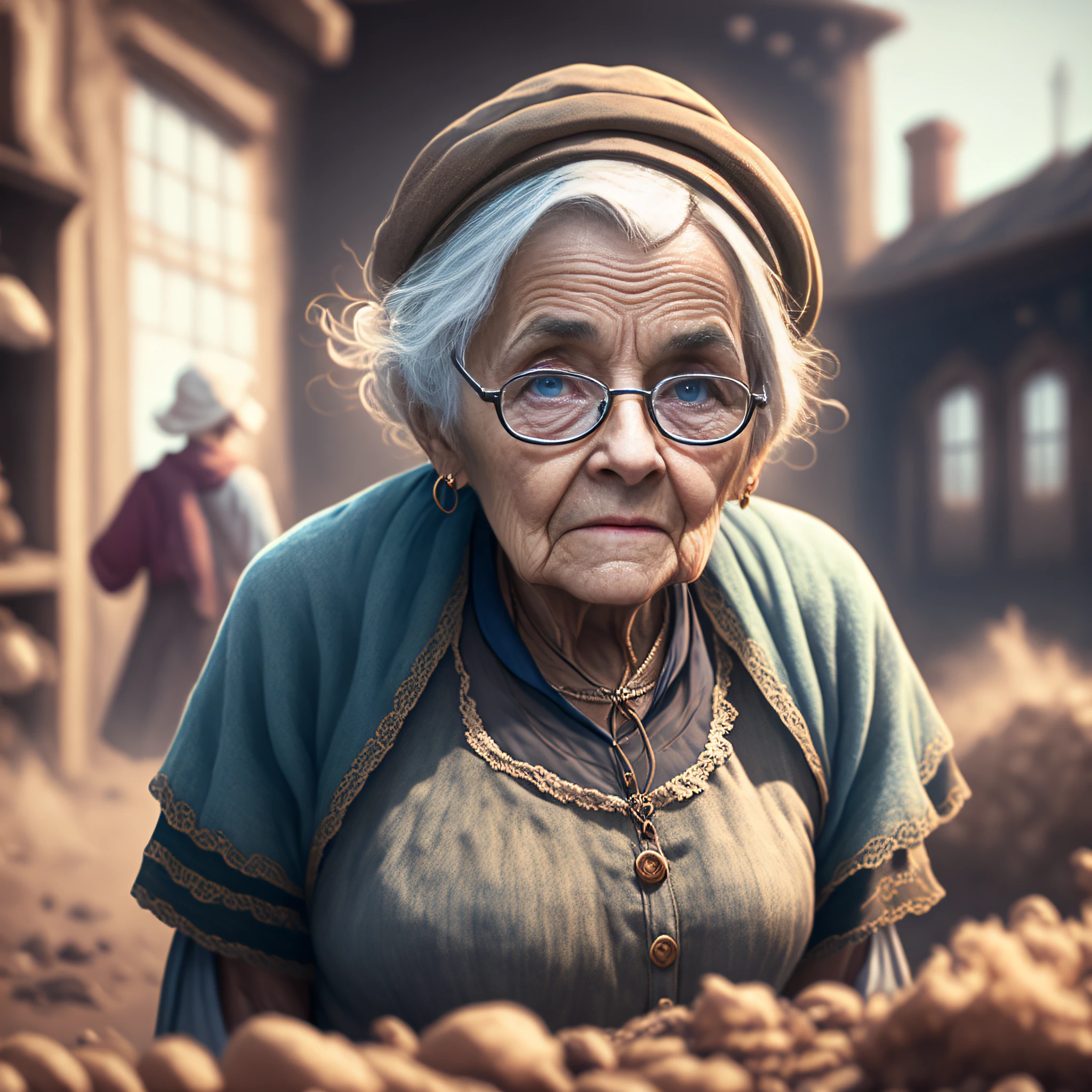 An old woman in rags, clear facial details, sharp clear eyes, forced perspective, photography style, film, drama, POV, depth of field, super clear focus, engaging fantasy imagery, uncomfortable, very detailed, 16 k, high resolution, Unreal Engine 5, octane rendering
