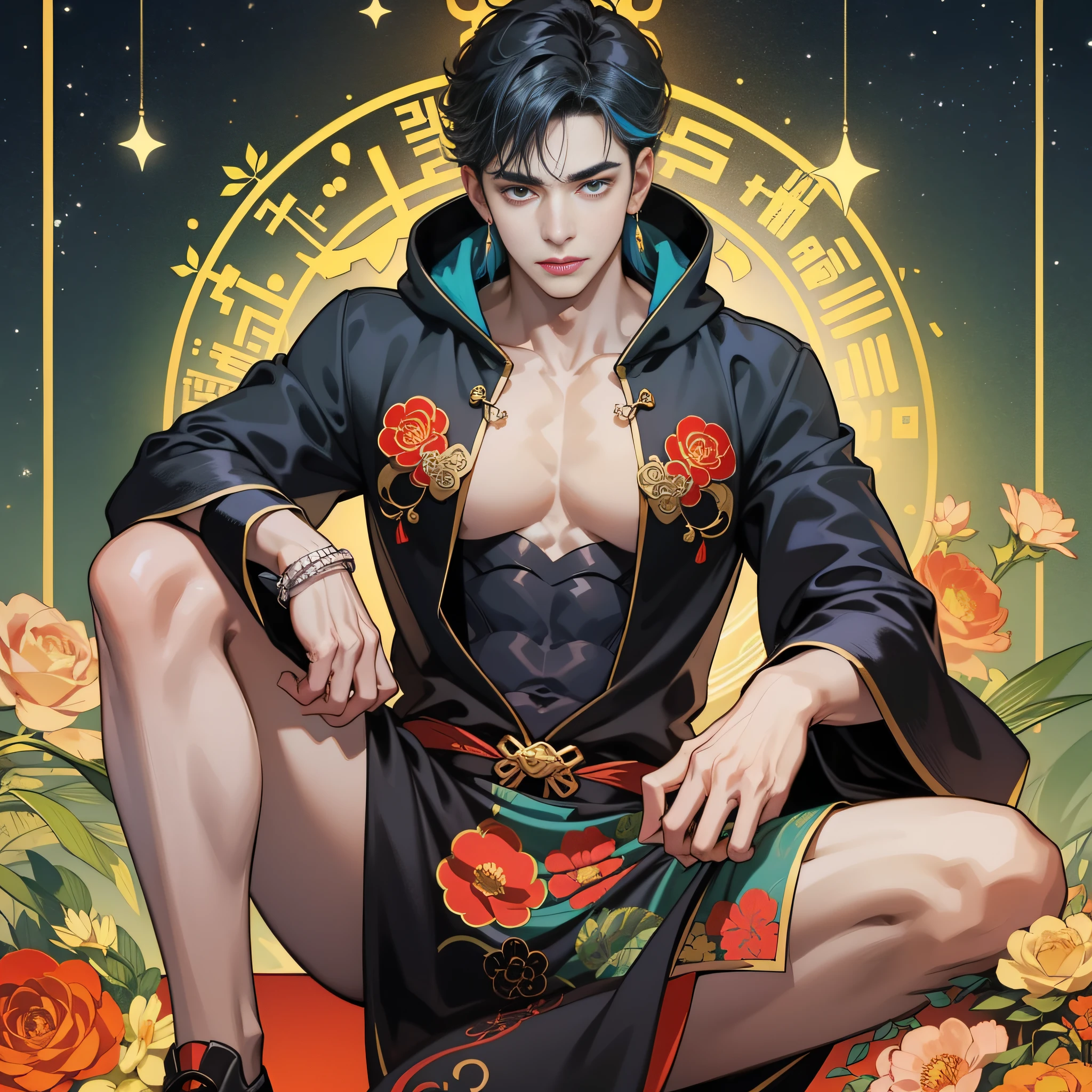 muscular boy, masculine face, wild, masculine, valiant, handsome, rugged, hoodie, modern chinese traditional costume, fusion of ancient Chinese and modern, king of rappers, pectoral muscles, abs, cool atmosphere, sitting, solid posture, fashionista, stylish, colorful, individual, luxurious, Cantonese, singing, dancing, sky with stars shining like dreams, Book of quiet nights, starry sky blooming brightly, whispering dreams and the border of confusion, pride of Cantonese, flashy color combination