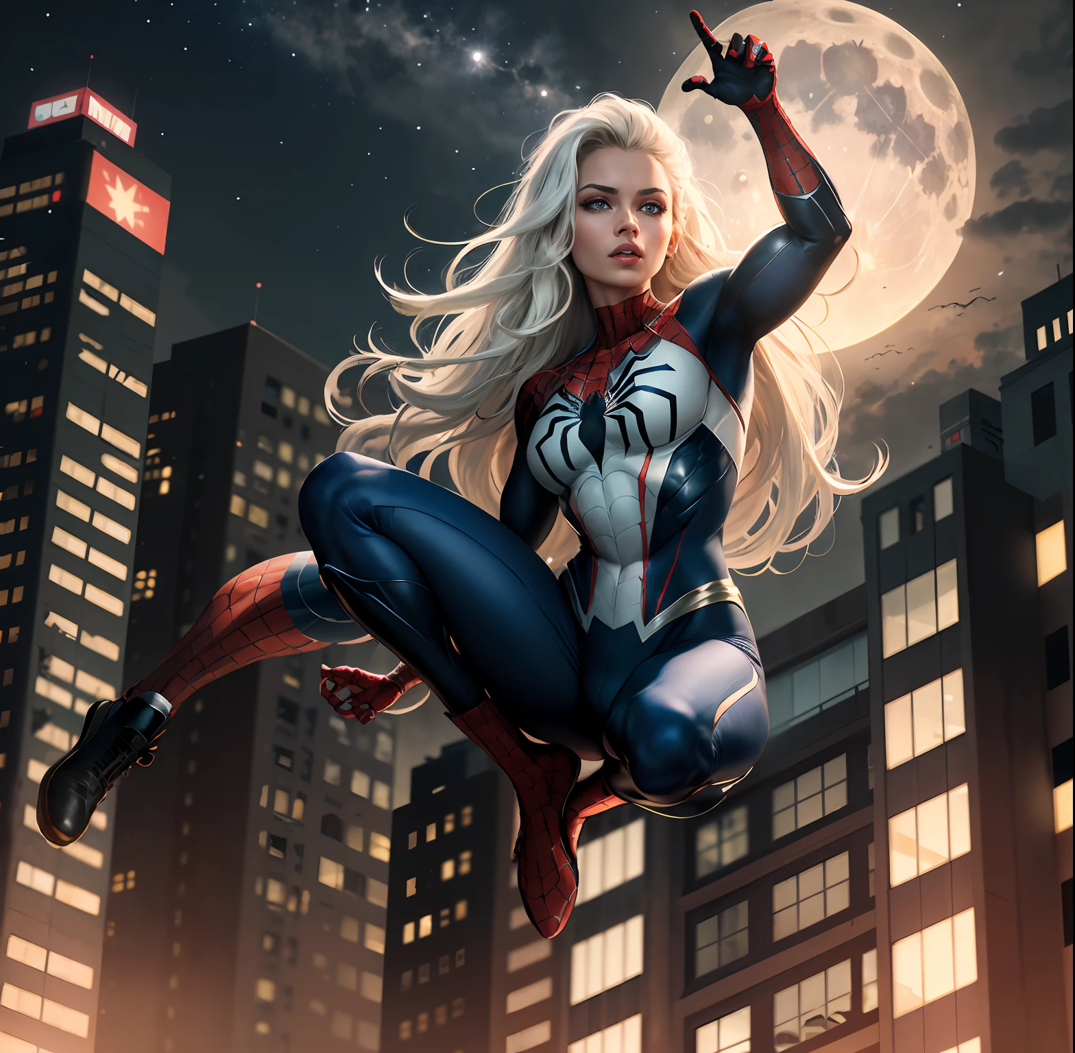 (Masterpiece, 4k resolution, ultra-realistic, very detailed), (White superhero theme, charismatic, there's a girl on top of town, wearing Spider-Man costume, she's a superhero), [ ((25 years), (long white hair:1.2), full body, (blue eyes:1.2), ((Spider-Man pose),show of strength, jumping from one building to another), ((sandy urban environment):0.8)| (cityscape, at night, dynamic lights), (full moon))] # Explanation: The Prompt mainly describes a 4K painting of ultra-high definition, very realistic, very detailed. It shows a superheroine at the top of the city, wearing a Spider-Man costume. The theme in the painting is a white superhero theme, the female protagonist has long white hair, is 25 years old and her entire body is shown in the painting. In terms of portraying the actions of superheroines, spiders are employed