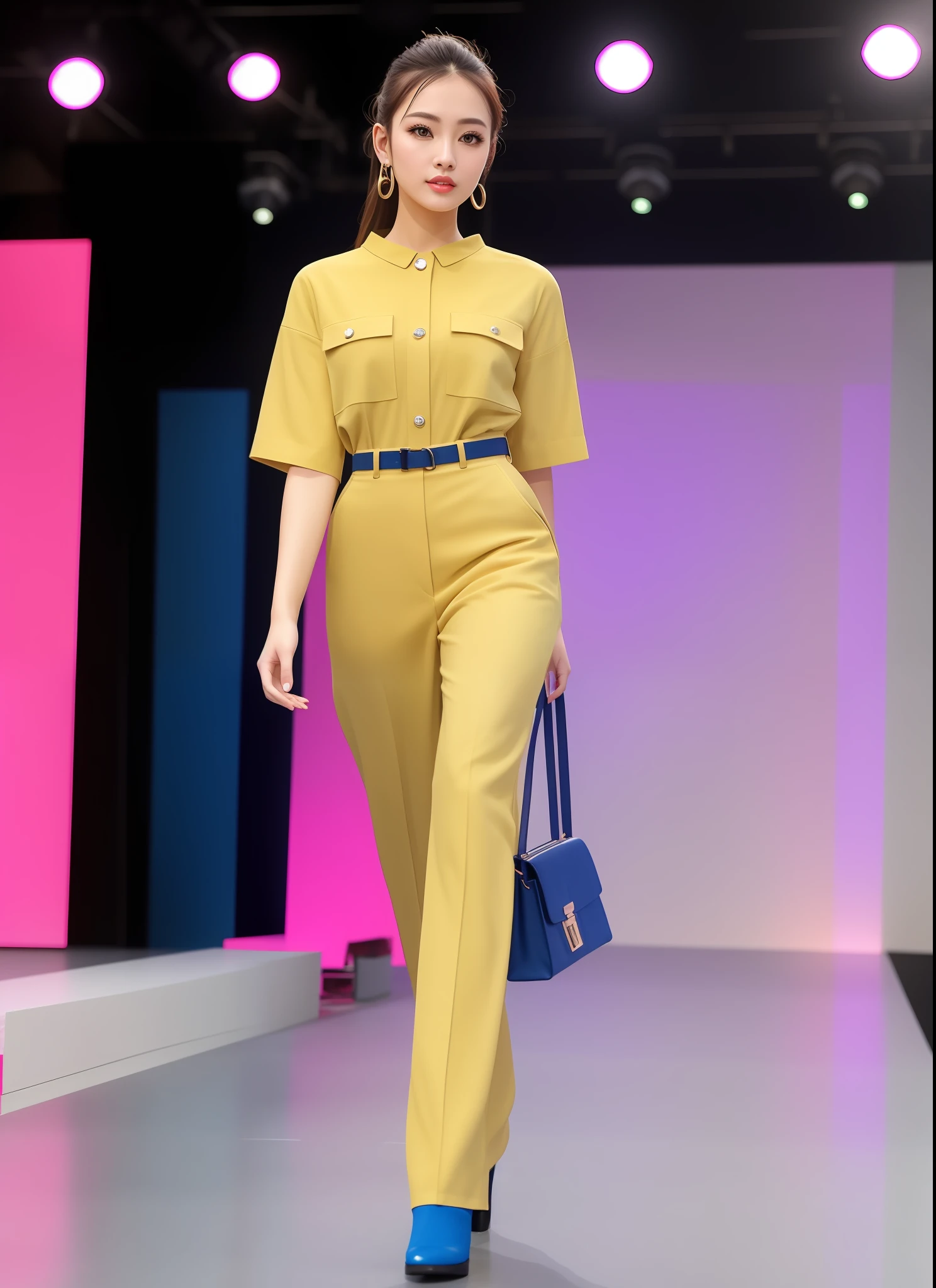 Office industry, professional uniform, full set, fashionable style, clear lines, fabric color, golden yellow, khaki, taupe pink, background blue, simple atmosphere, require a full set of effects, use more suitable models to show, walking on the catwalk, catwalk walking, stage walking, the front can see the overall effect, the customer wants the overall effect, the customer requires the front, the overall effect can be seen clearly, can see the style at a glance,