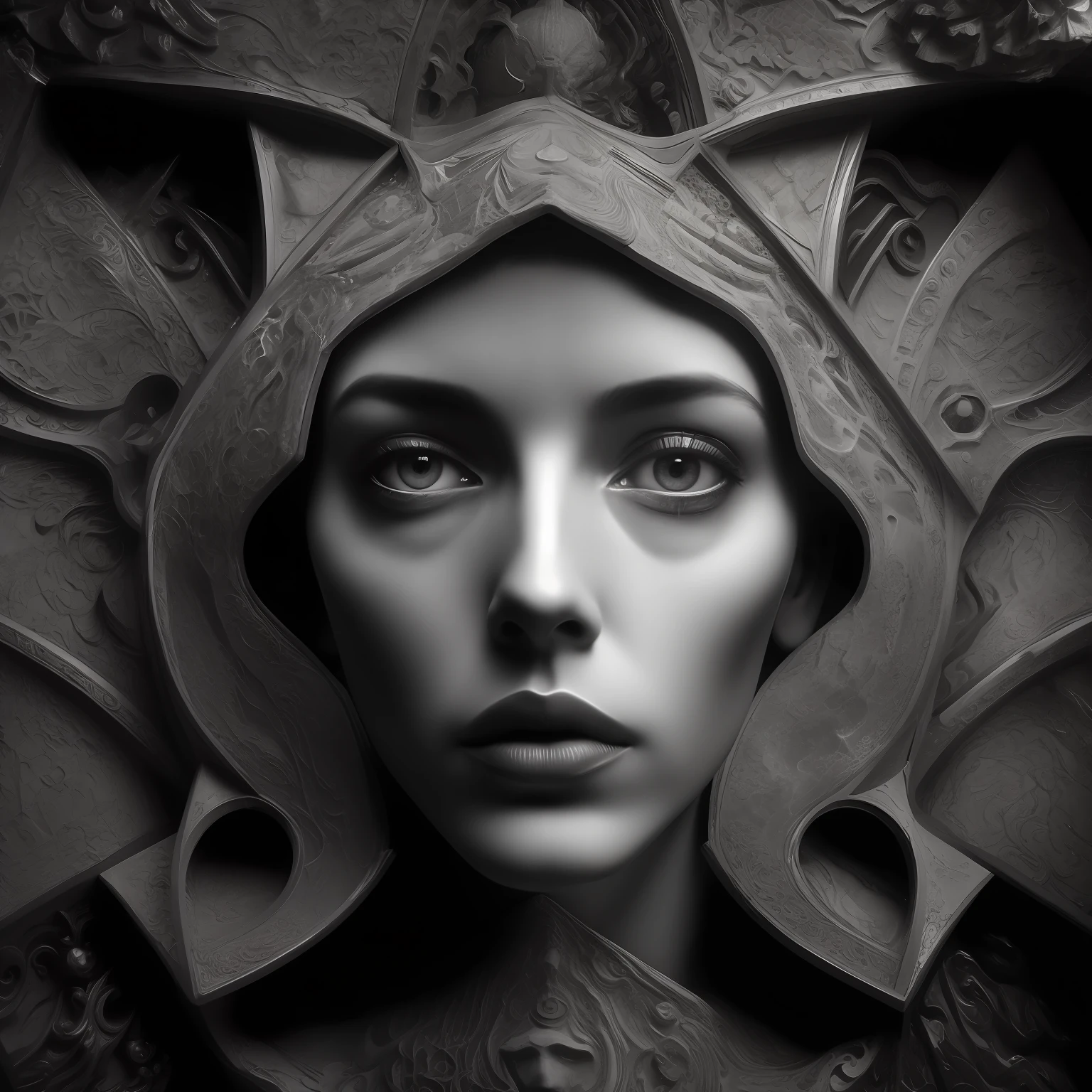 concept artwork, M.C Escher + Architectural Art + b/w photography by Pierre Verger / fusion of style / a surreal and disturbing look. Its body appears to be made of grim marble, with angular contours and intricate textures. Her face, sculpted with striking detail, reveals deep, piercing eyes full of melancholy and mystery. The facial expression is a combination of anguish and transcendence, conveying a sense of pain and spiritual transcendence. Every line and curve of the human figure's body seems to tell a story of torment and the search for the dark truth. / dark tones / supernatural / macro lens / surreal juxtapositions / Sun Reflections / Lovecraft / cosmic horror / 90s horror--ar 1080:1350 --c 12