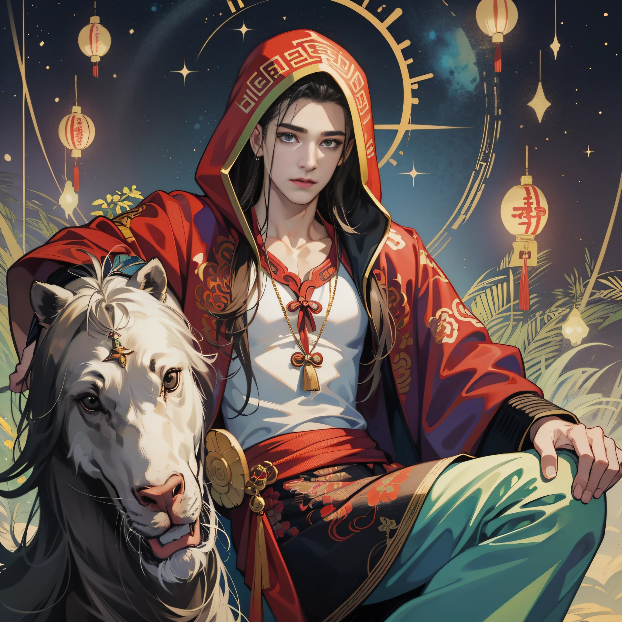 muscular boy, masculine face, wild, masculine, valiant, handsome, rugged, hoodie, modern chinese traditional costume, fusion of ancient Chinese and modern, king of rappers, pectoral muscles, abs, cool atmosphere, sitting, solid posture, fashionista, stylish, colorful, individual, luxurious, Cantonese, singing, dancing, sky with stars shining like dreams, Book of quiet nights, starry sky blooming brightly, whispering dreams and the border of confusion, pride of Cantonese, flashy color combination