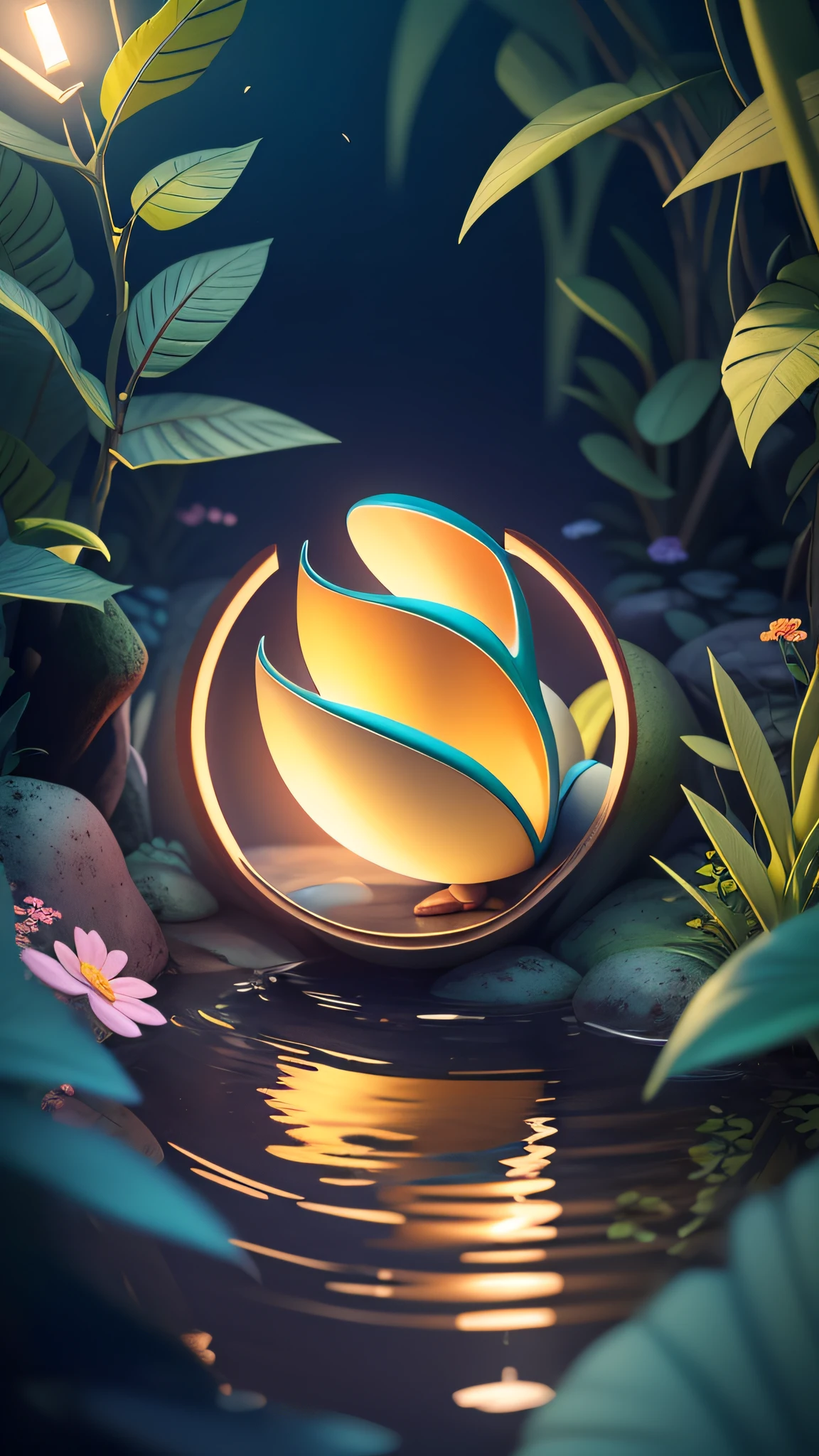 masterpiece,((clean glass,shine:1.2,(transparent:1.1),gloss)), best quality,( Pixar - style :1.4), (In a cave, at night, surrounded by glowing plants, flowers, flying fireflies, bonfires), (Ultra detailed, aesthetic, beautiful composition, rich bright colors, volumetric soft light). 4k,reflection in the water,water ripple Inspired by Alice in Wonderland, magic, fairy tales. unreal Engine, octane render, cuteness render, 3d rendering, Adobe Photoshop, awe inspiring, beautiful
