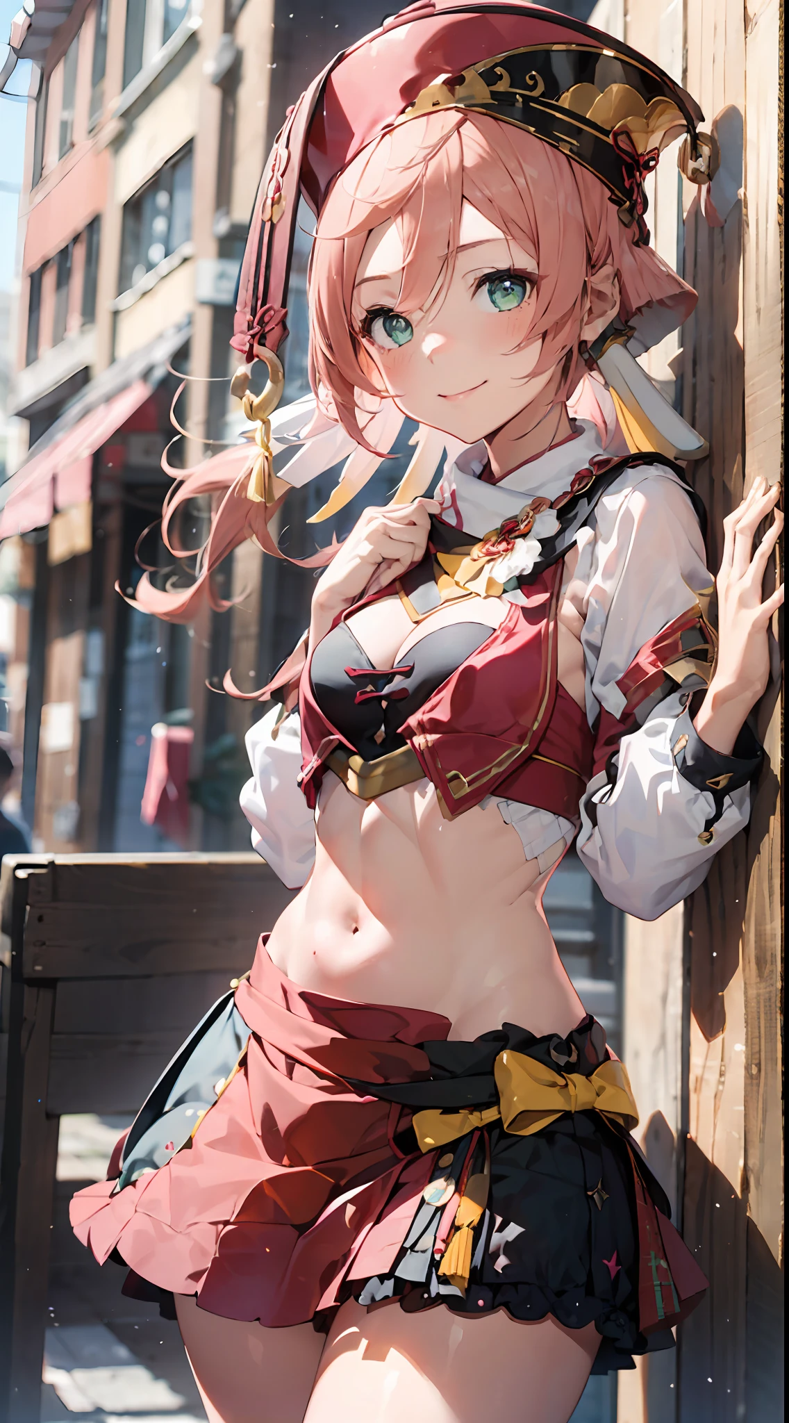 1girl, (solo:1.2), ((masterpiece)), [slim], (small chest), ((detailed eyes)), (bokeh effect), dynamic pose, medium shot, yanfei, pink hair, red headwear, closed mouth, smiling, (pink theme), pink skirts, middriff