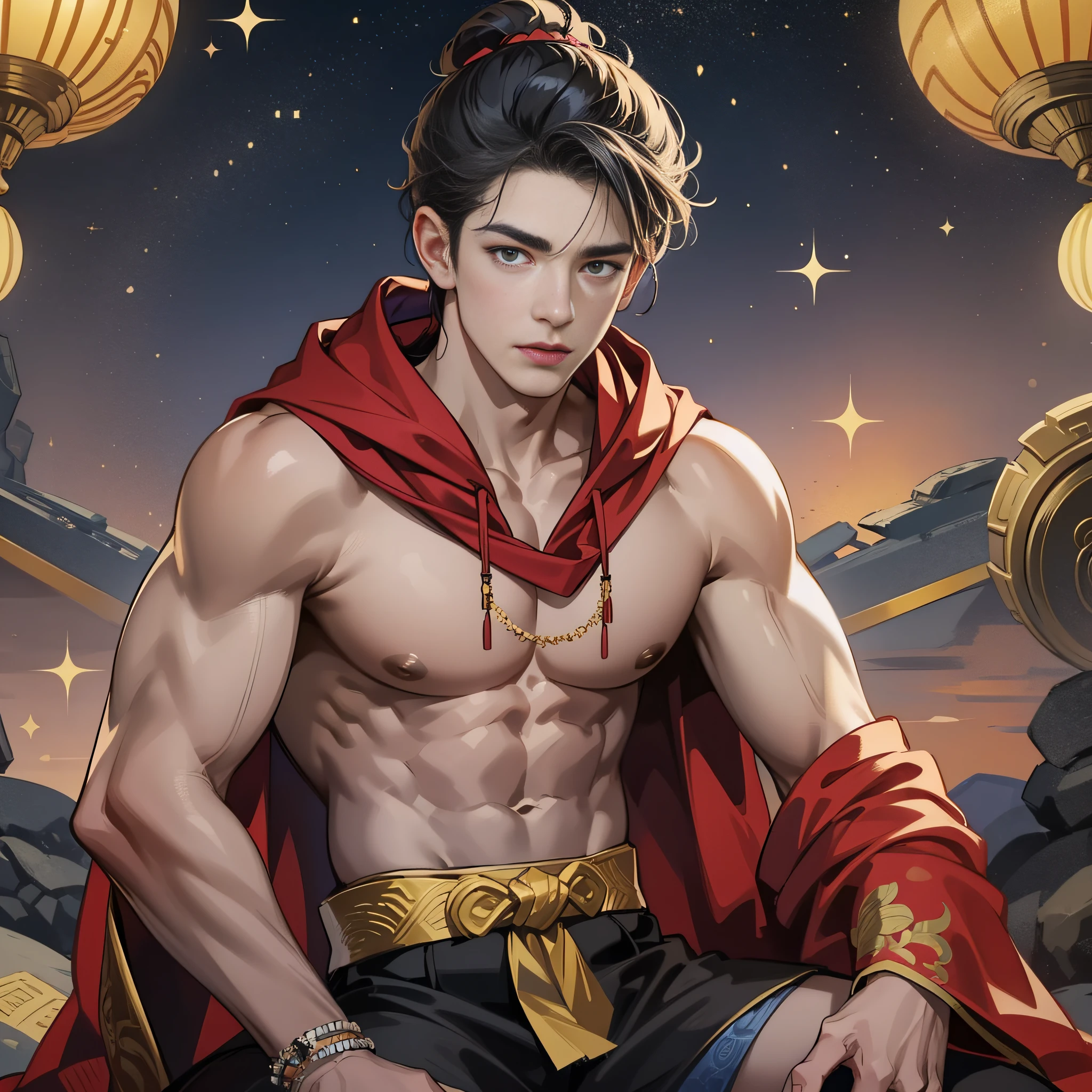 muscular boy, masculine face, wild, masculine, valiant, handsome, rugged, hoodie, modern chinese traditional costume, fusion of ancient Chinese and modern, king of rappers, pectoral muscles, abs, cool atmosphere, sitting, solid posture, fashionista, stylish, colorful, individual, luxurious, Cantonese, singing, dancing, sky with stars shining like dreams, Book of quiet nights, starry sky blooming brightly, whispering dreams and the border of confusion, pride of Cantonese, flashy color combination