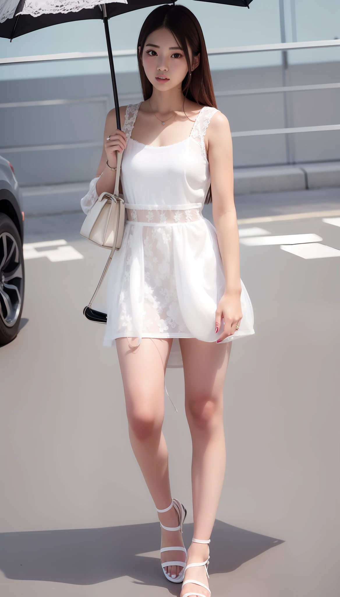 woman in white dress holding an umbrella and walking in a parking lot, short dress, wearing white dress, bae suzy, korean women's fashion model, jia, photo of slim girl model, white dress, wearing a cute white dress, full body cute young lady, nico wearing a white dress, summer dress, stylish dress, wearing in a summer dress, translucent dress