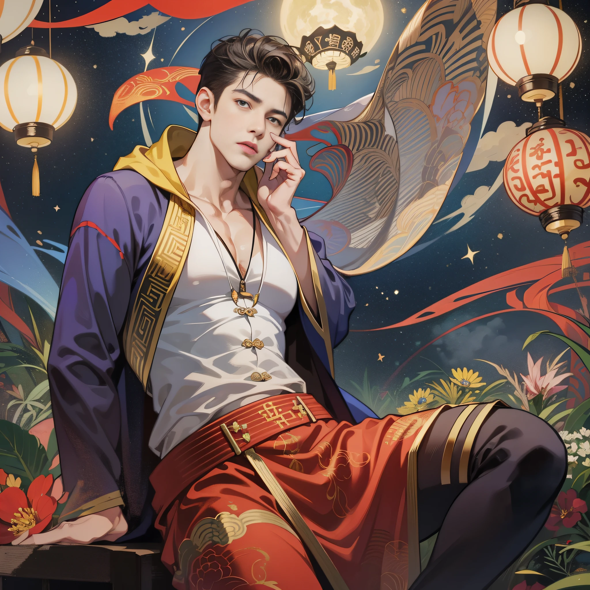 muscular boy, masculine face, wild, masculine, valiant, handsome, rugged, hoodie, modern chinese traditional costume, fusion of ancient Chinese and modern, king of rappers, pectoral muscles, abs, cool atmosphere, sitting, solid posture, fashionista, stylish, colorful, individual, luxurious, Cantonese, singing, dancing, sky with stars shining like dreams, Book of quiet nights, starry sky blooming brightly, border between whispering dreams and confusion, Cantonese pride, pop, flashy