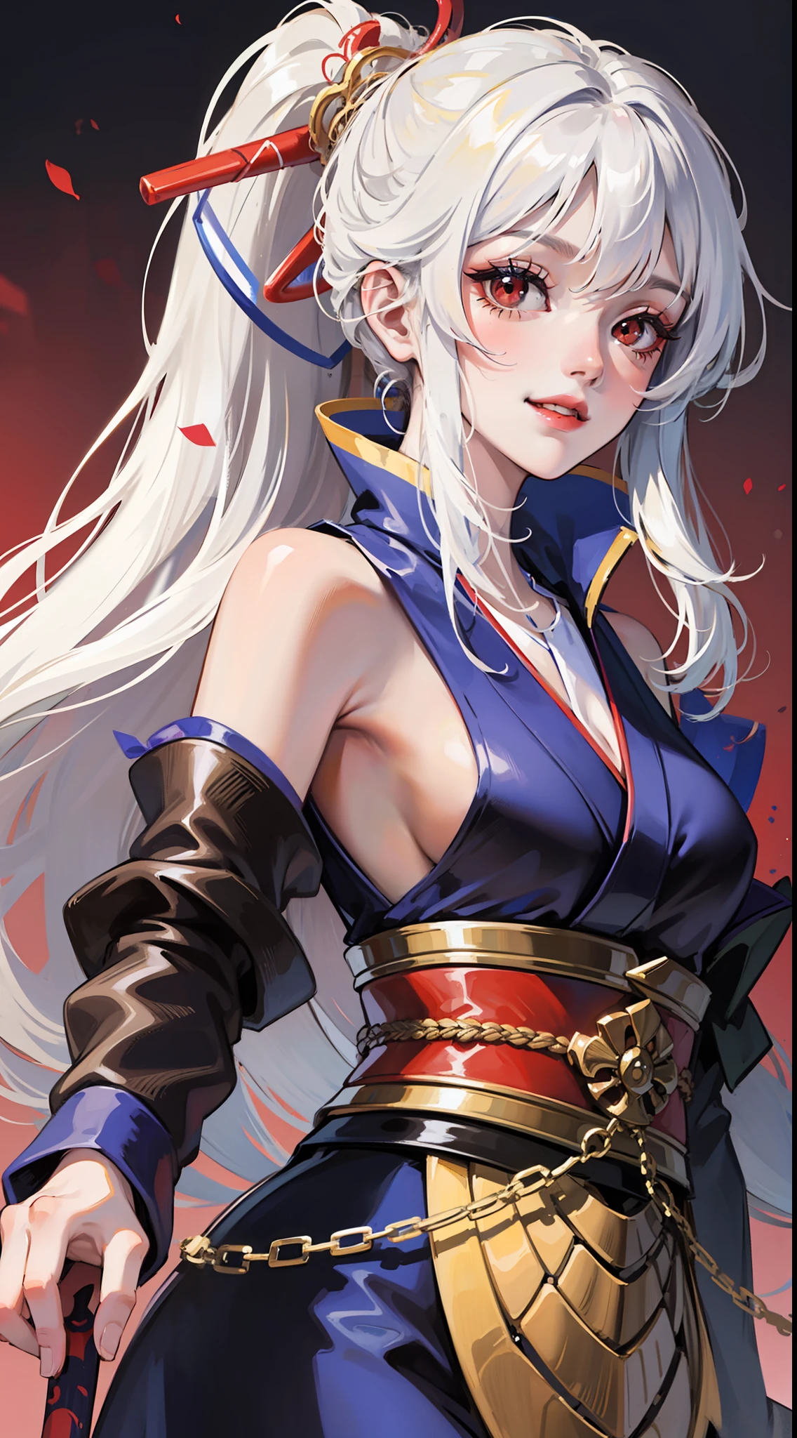 Young girl, long white hair, high ponytail, red eyes, blue sleeveless samurai kimono, smile, masterpiece, high quality