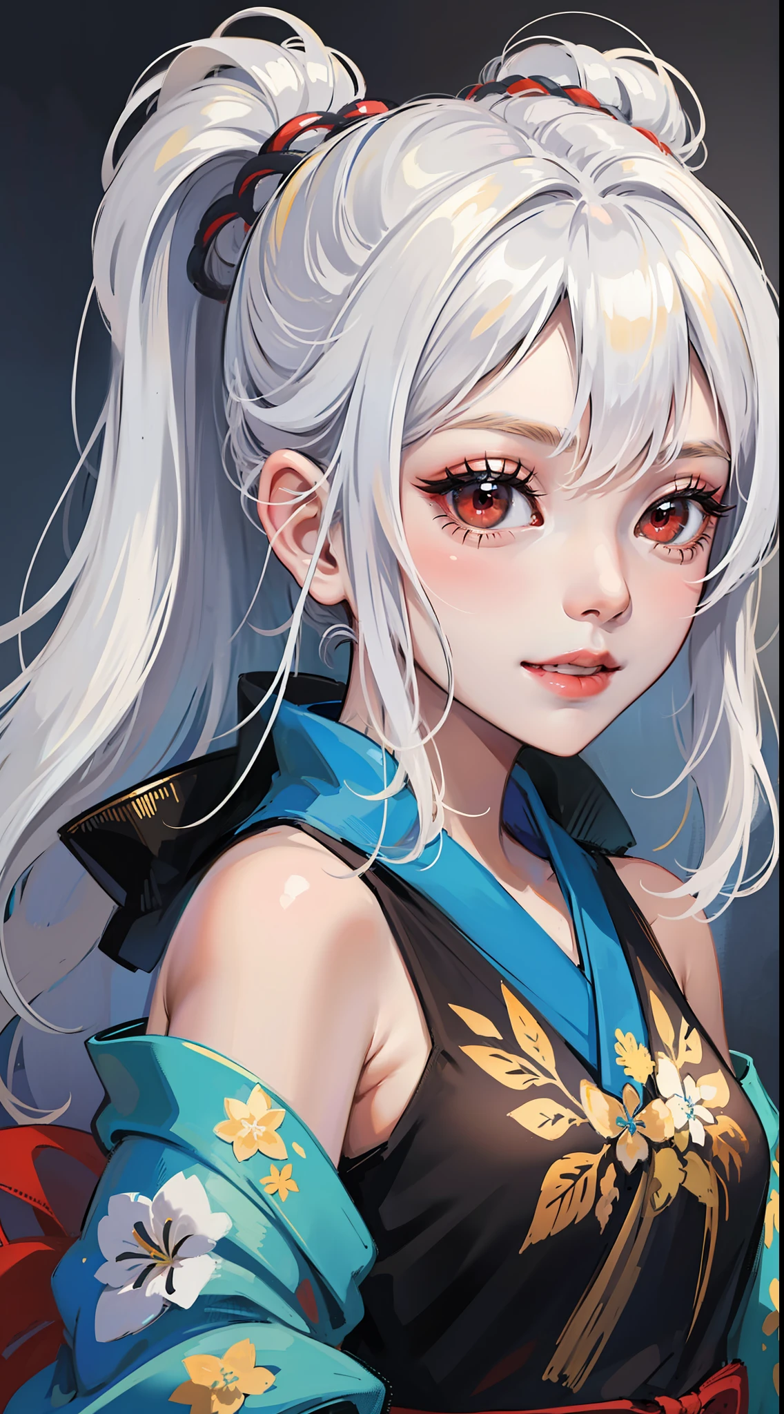 Young girl, long white hair, high ponytail, red eyes, blue sleeveless samurai kimono, smile, masterpiece, high quality