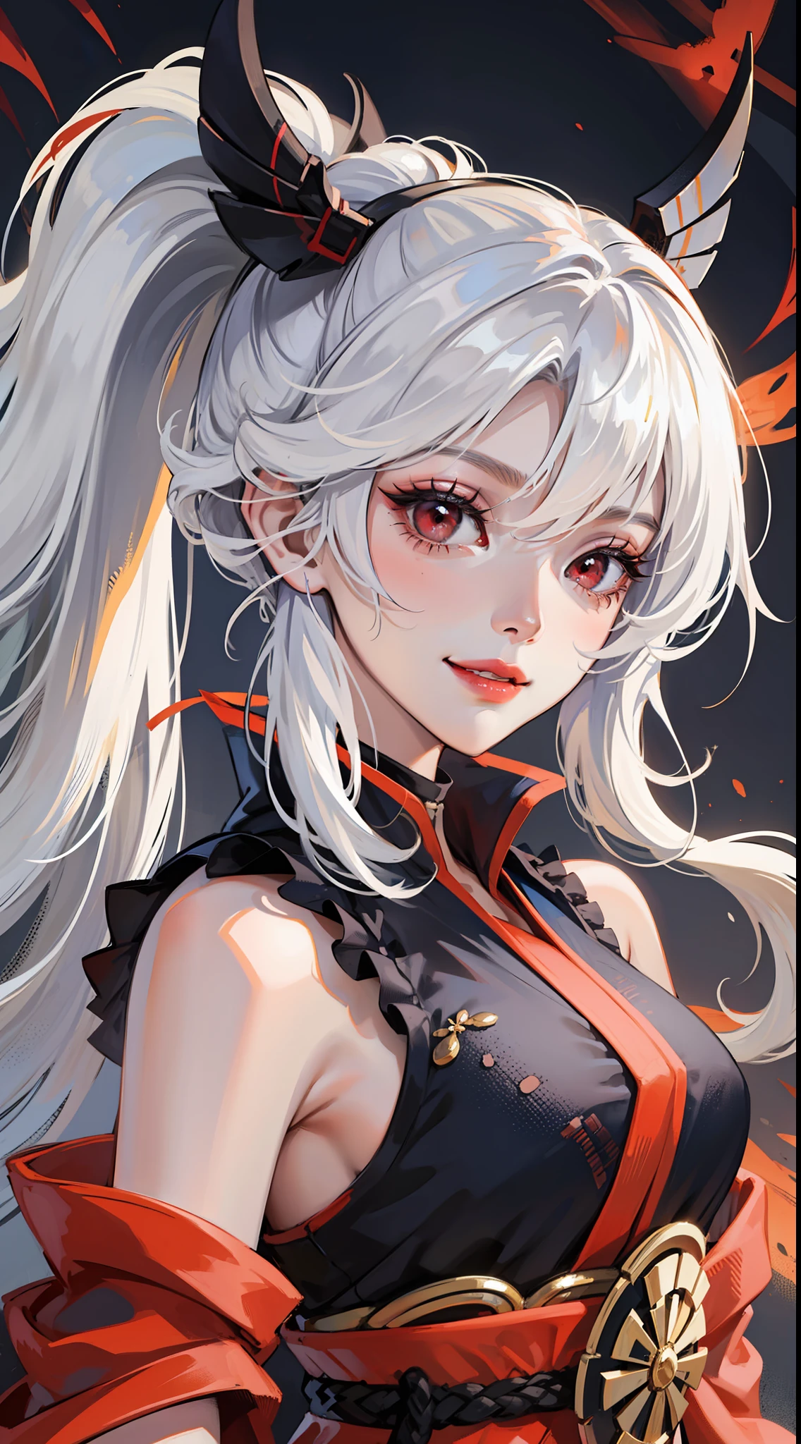 Young girl, long white hair, high ponytail, red eyes, blue sleeveless samurai kimono, smile, masterpiece, high quality