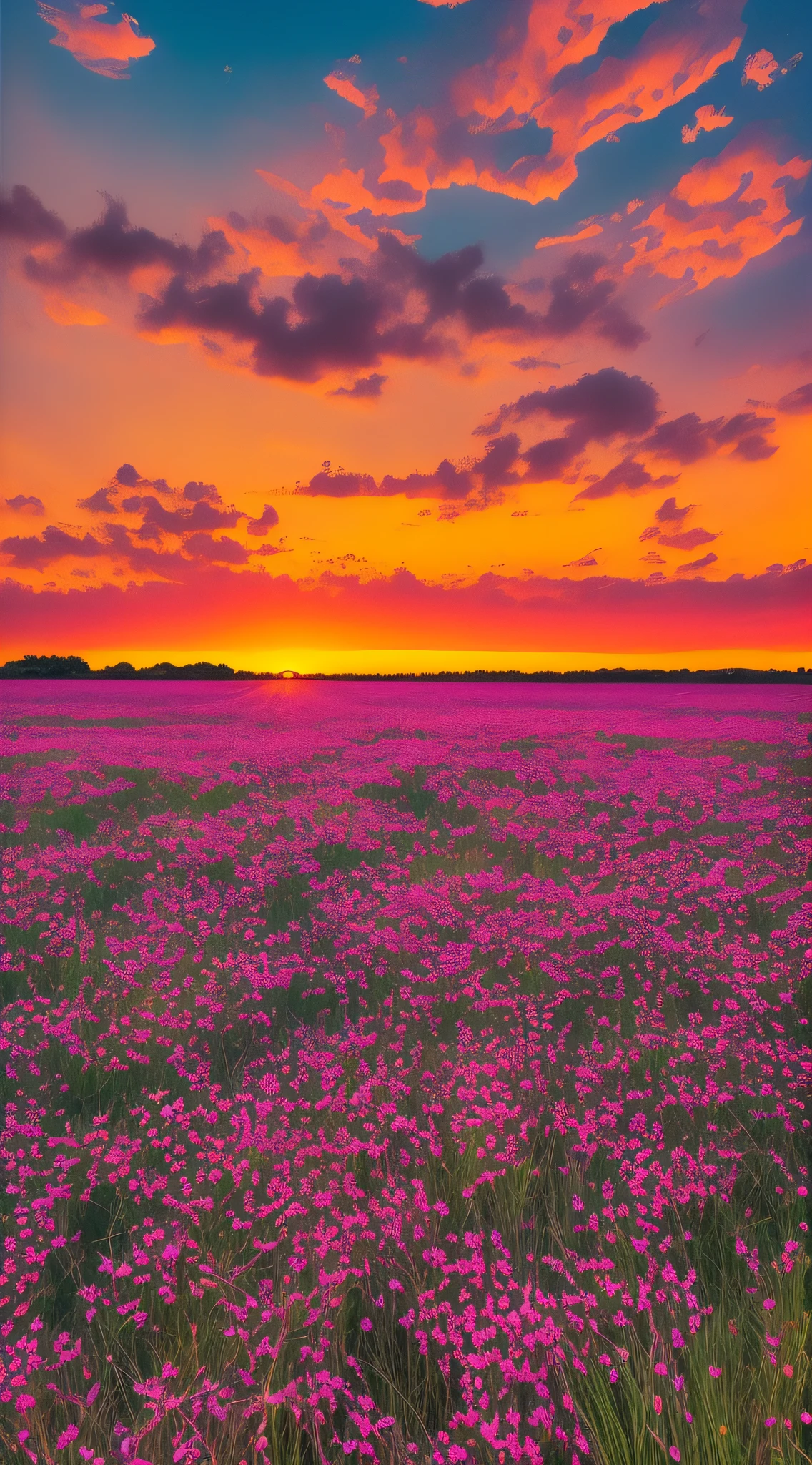 Best Quality, Masterpiece, High Resolution, High Resolution, 4K, 8K, Background Blur, Slight Oil Painting Style The evening sky is pinkish-purple A banded black sunset The sun is about to set The afterglow of the setting sun Nearby is a green meadow Full of small flowers