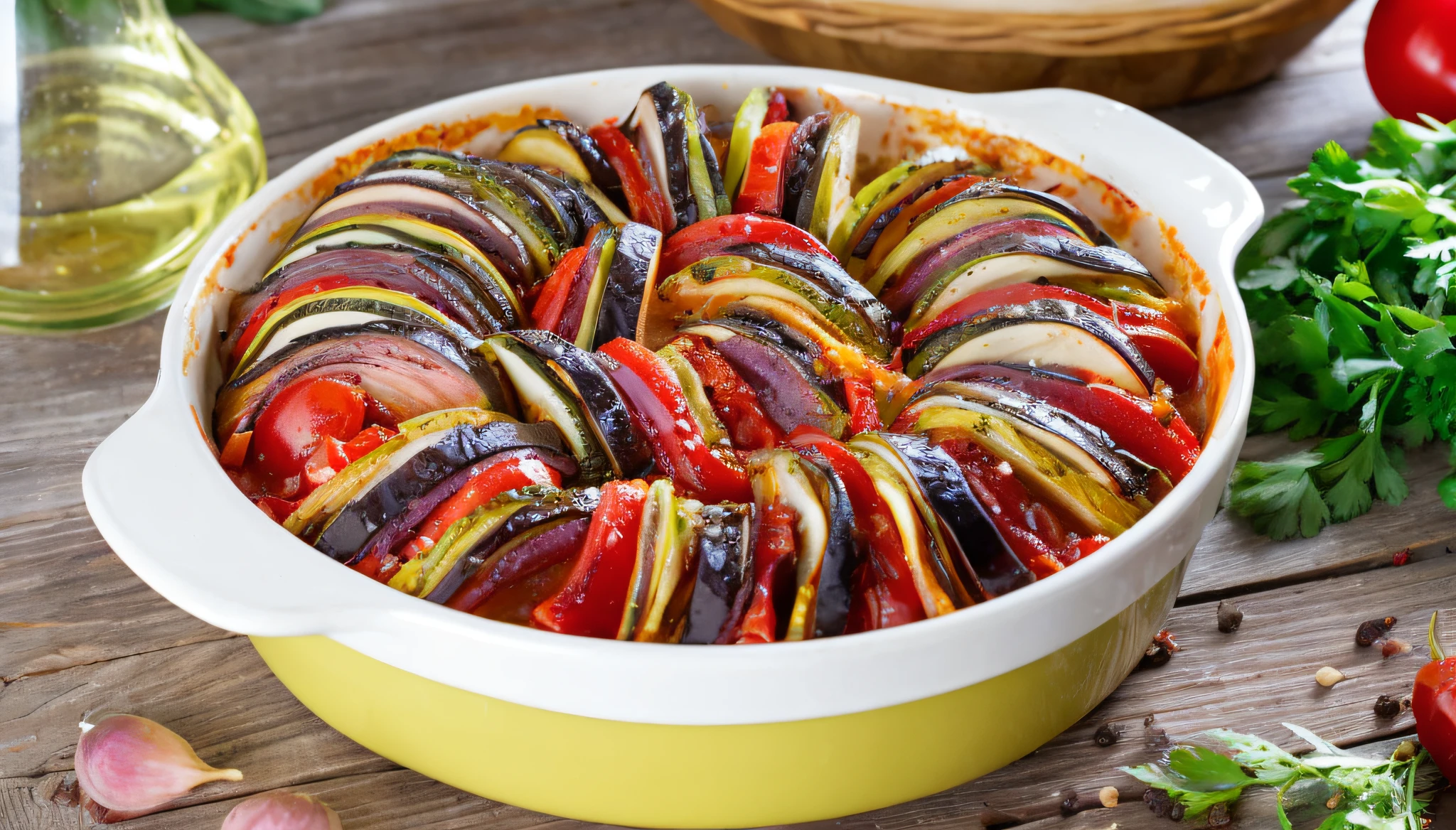 there is a dish of vegetables that is on a table, ratatouille style, multicoloured, cuisine, multi - coloured, multicolored, shutterstock, recipe, pot, yummy, vivid colors!, vibrant vivid colors, ❤🔥🍄🌪, brilliantly colored, brilliantly coloured, glazed, épaule devant pose, multi colour