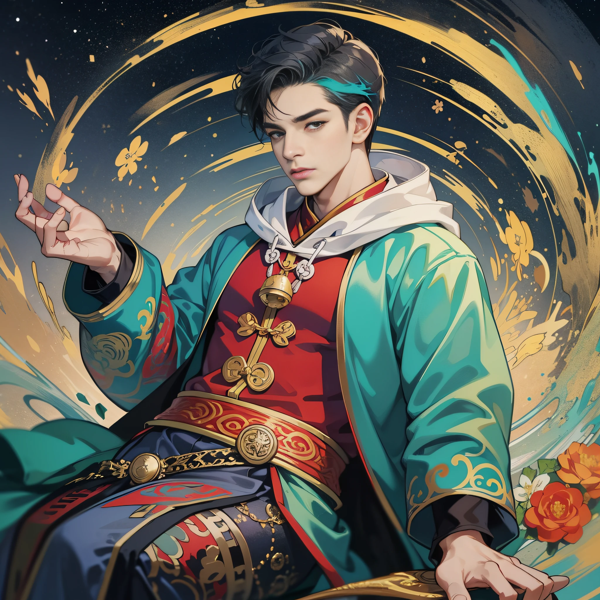 muscular boy, masculine face, wild, masculine, valiant, handsome, rugged, hoodie, modern chinese traditional costume, fusion of ancient Chinese and modern, king of rappers, pectoral muscles, abs, cool atmosphere, sitting, solid posture, fashionista, stylish, colorful, individual, luxurious, Cantonese, singing, dancing, sky with stars shining like dreams, Book of Quiet Night, Starry Sky Blooming Brightly, Whispering Dreams and Confusion Border, Cantonese Pride, Turquoise, White
