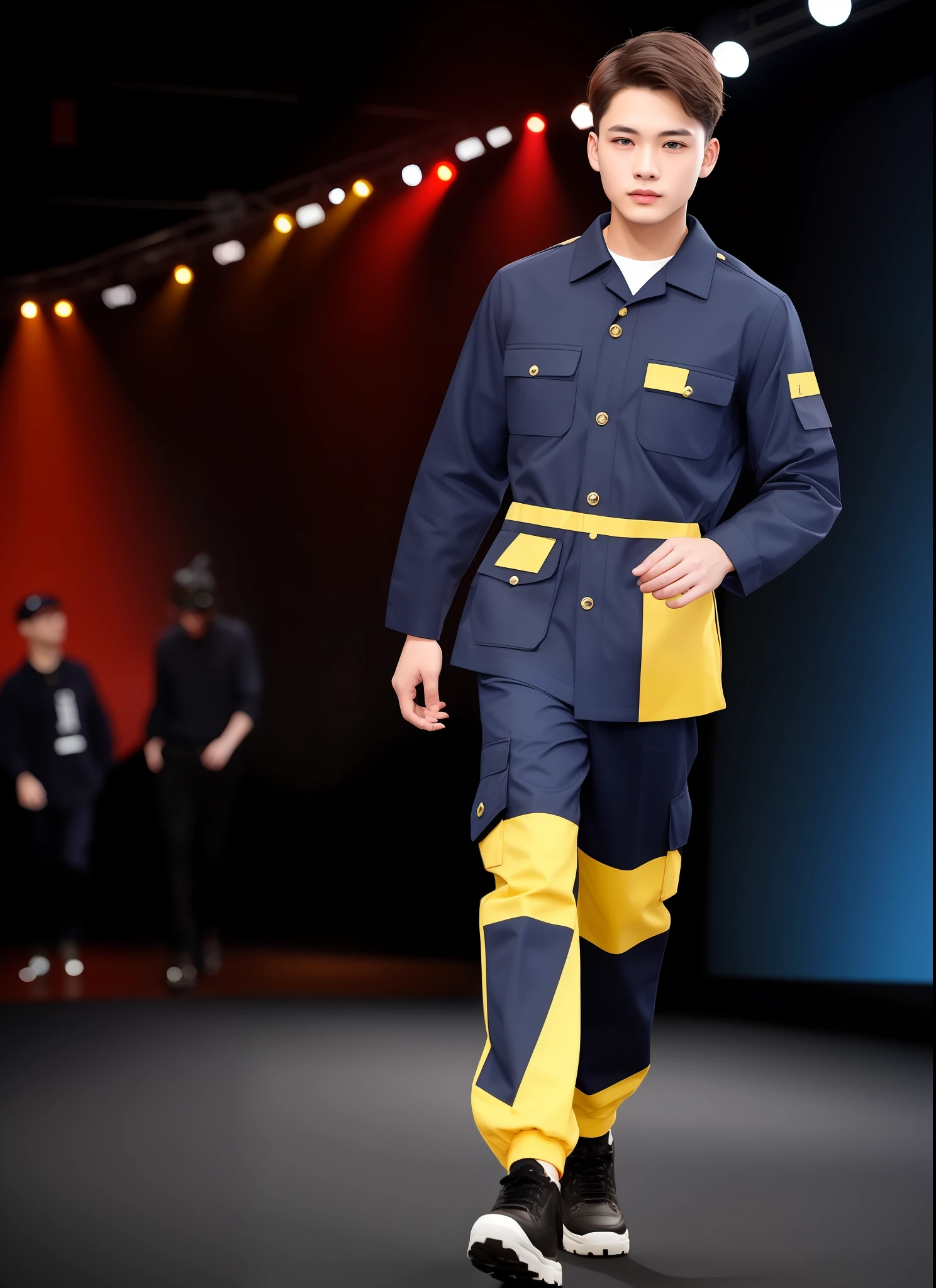 Golden yellow workwear uniform, chemical uniform, flower garden uniform, road 🛣️ uniform, loose, with cargo pants, full set, fabric color, bright yellow, dark blue, background blue, simple atmosphere, require a full set of effects, use a more suitable male model display, walking on the catwalk, catwalk walking, stage walking, the front can see the overall effect, the customer wants the overall effect, the customer requires the front, the overall effect can be seen clearly, can see the style at a glance,