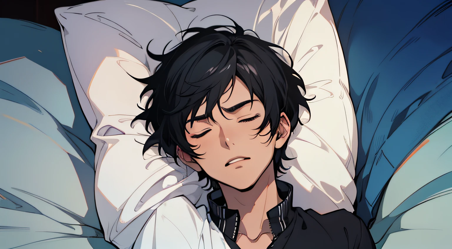 ((Best Quality: 1.0), (Ultra High Resolution: 1.0)), anime style, boy with short black hair, eyes closed, lying flat on bed, hideous face.